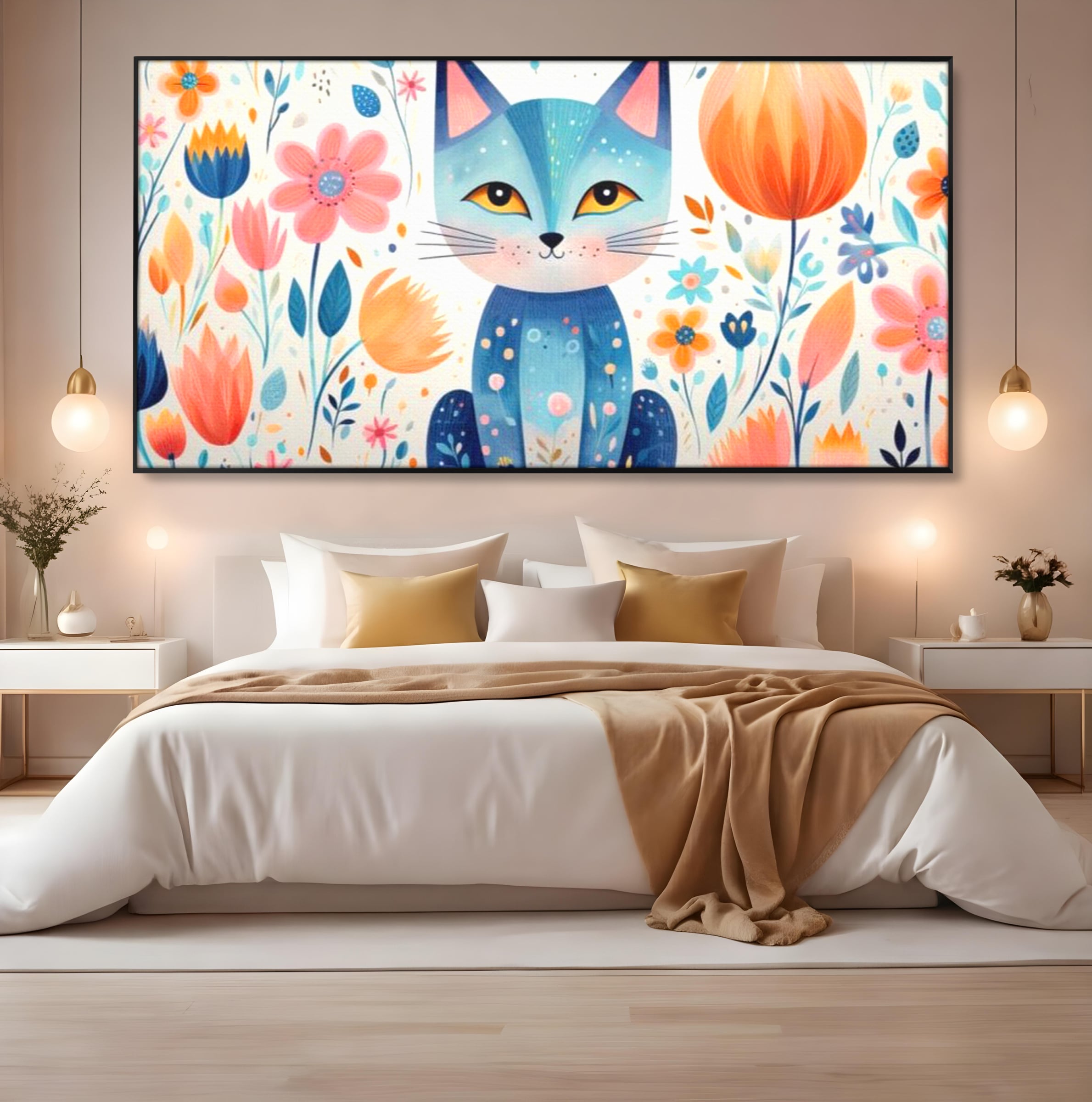 Tablou canvas cu ilustratie digitala cu pisica albastra si flori, in rama de aluminiu negru, pe perete intr-un dormitor