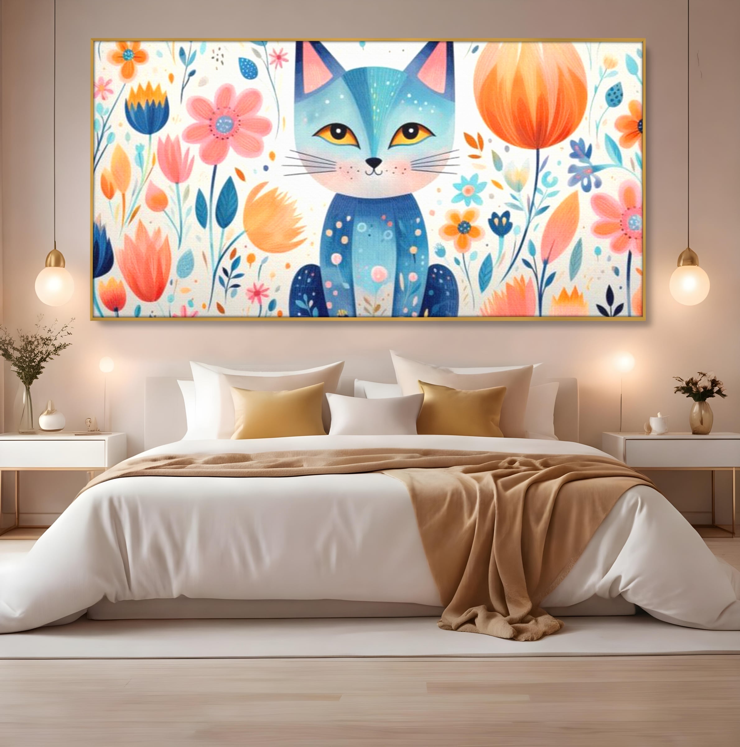 Tablou canvas cu ilustratie digitala cu pisica albastra si flori, in rama de aluminiu auriu, pe perete intr-un dormitor