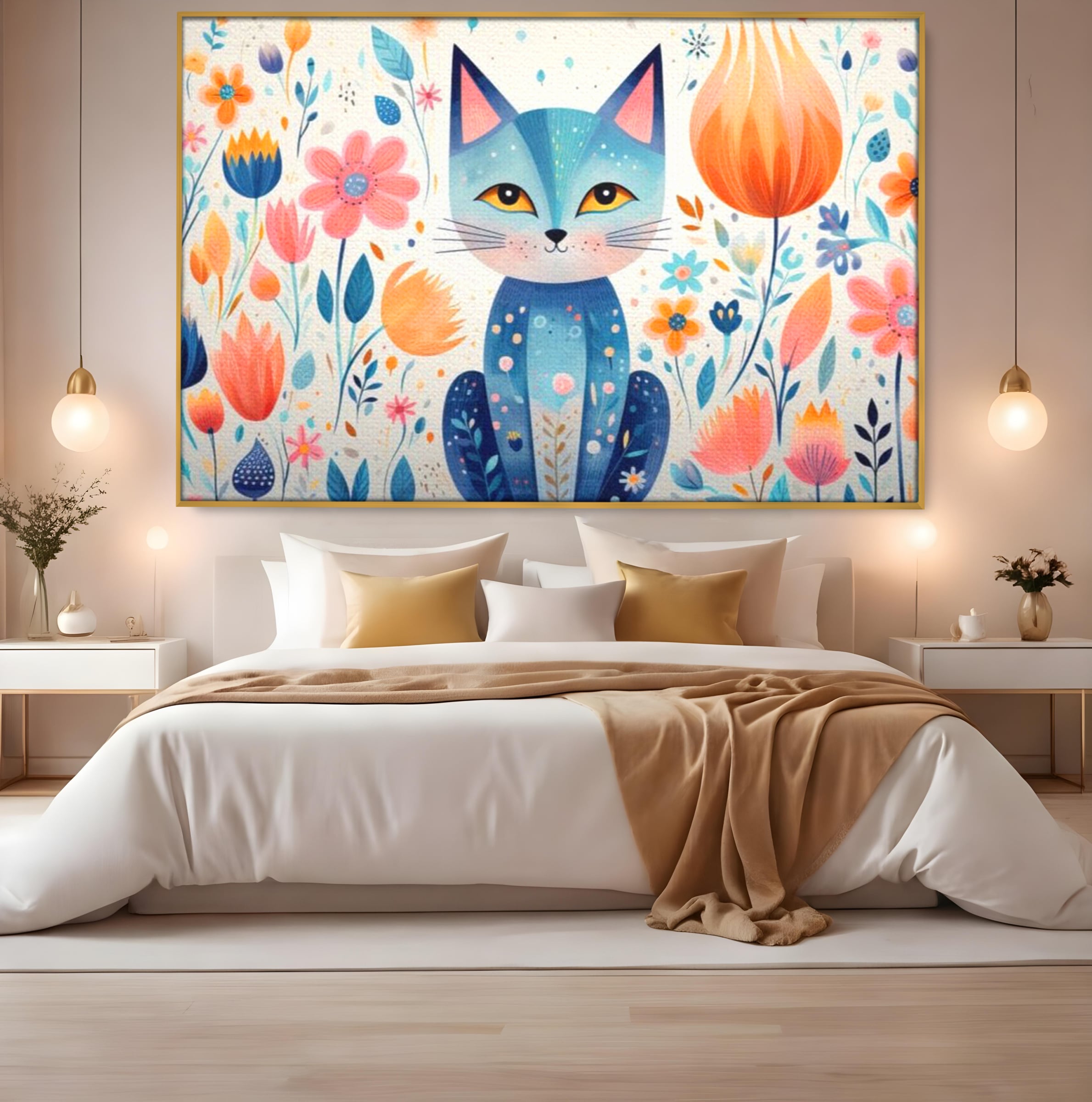 Tablou canvas cu ilustratie digitala cu pisica albastra si flori, in rama de aluminiu auriu, pe perete intr-un dormitor