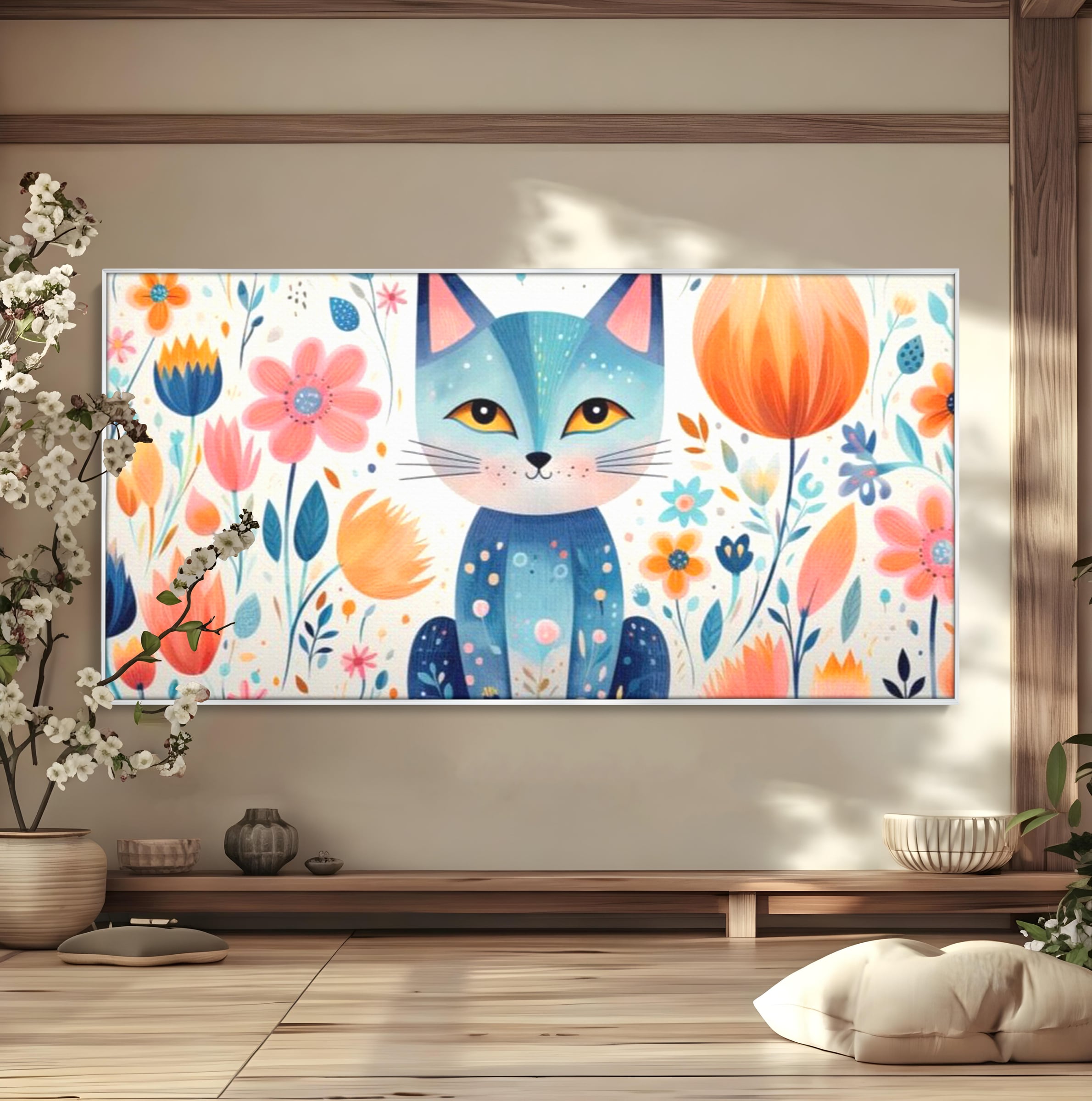 Tablou canvas cu ilustratie digitala cu pisica albastra si flori, in rama de aluminiu argintiu