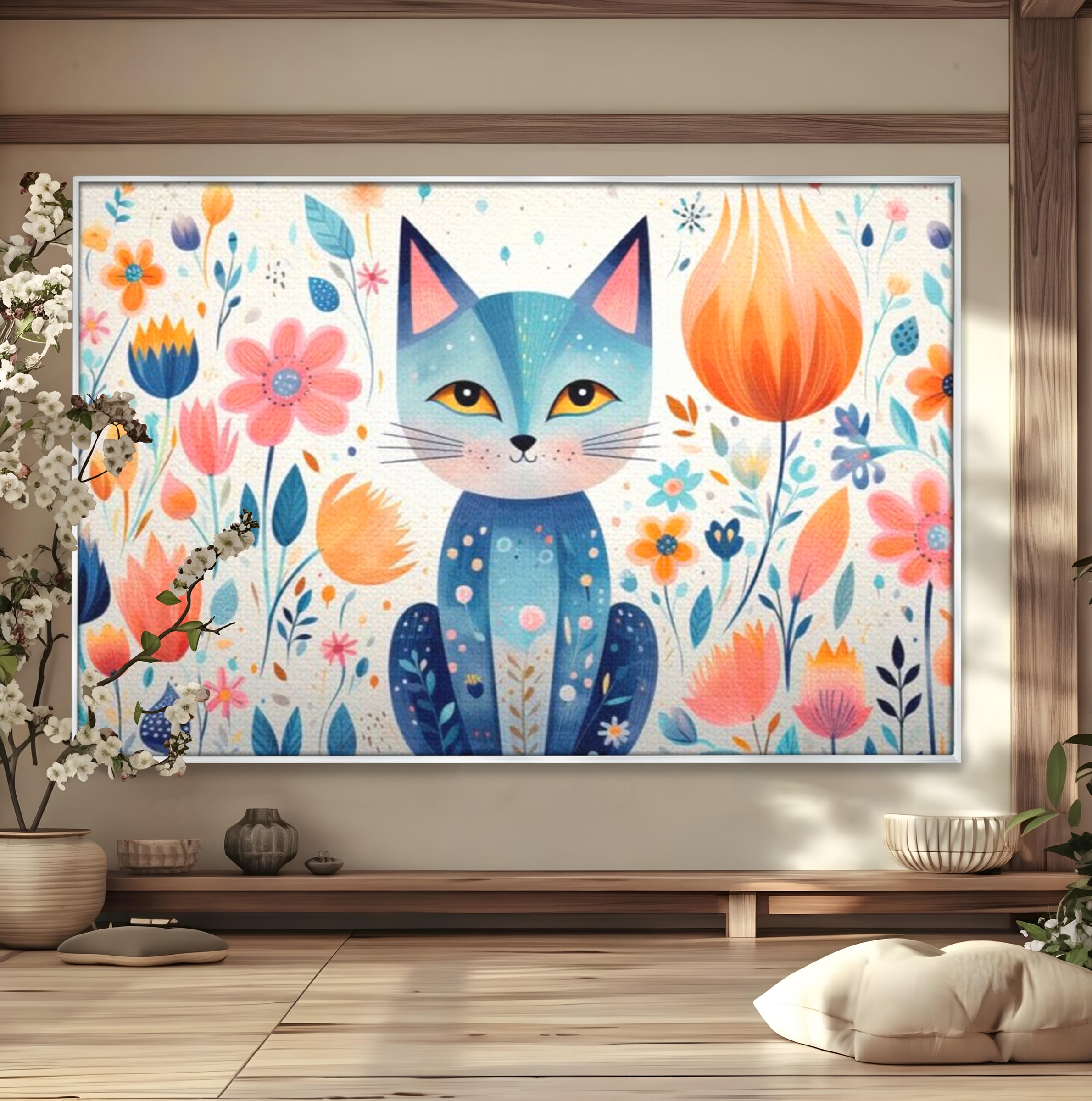 Tablou canvas cu ilustratie digitala cu pisica albastra si flori, in rama de aluminiu argintiu