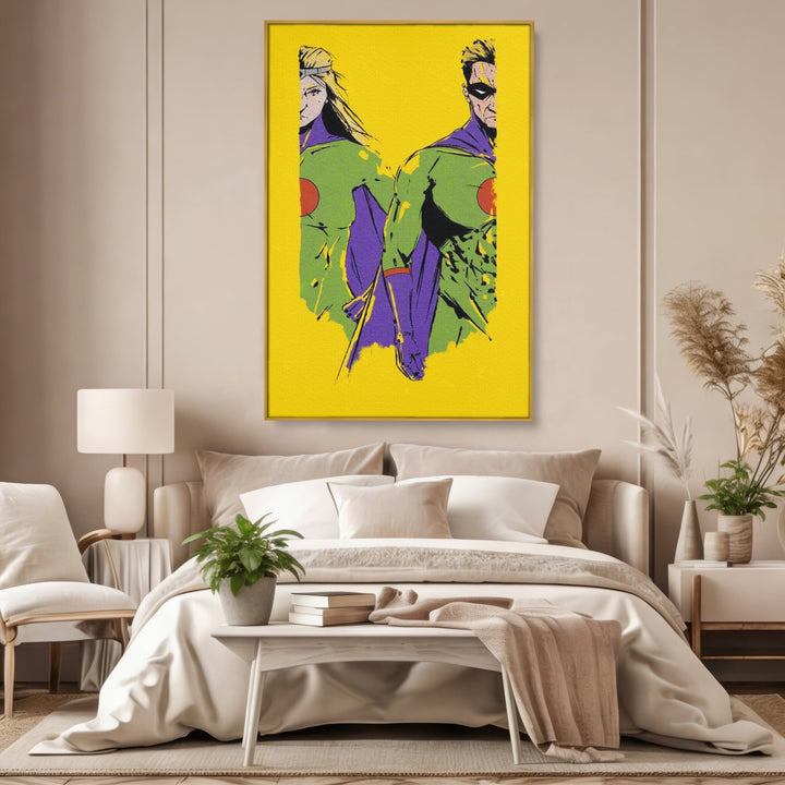 Tablou canvas cu tablou canvas cu doi supereroi pe fundal galben, in rama de aluminiu auriu, pe perete intr-un dormitor