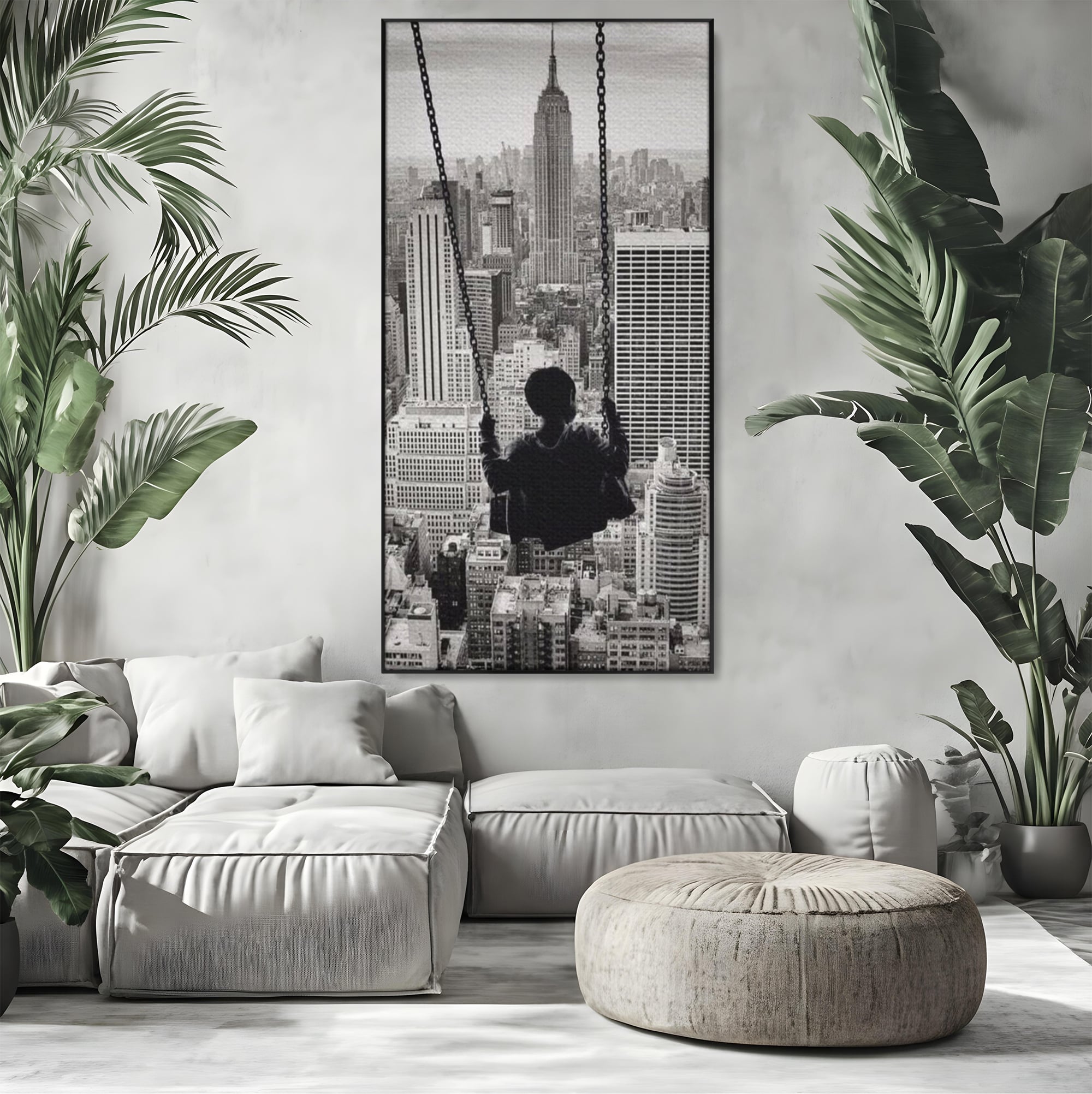 Tablou canvas cu tablou canvas cu copil in leagan deasupra orasului, in rama de aluminiu negru, pe perete intr-un living