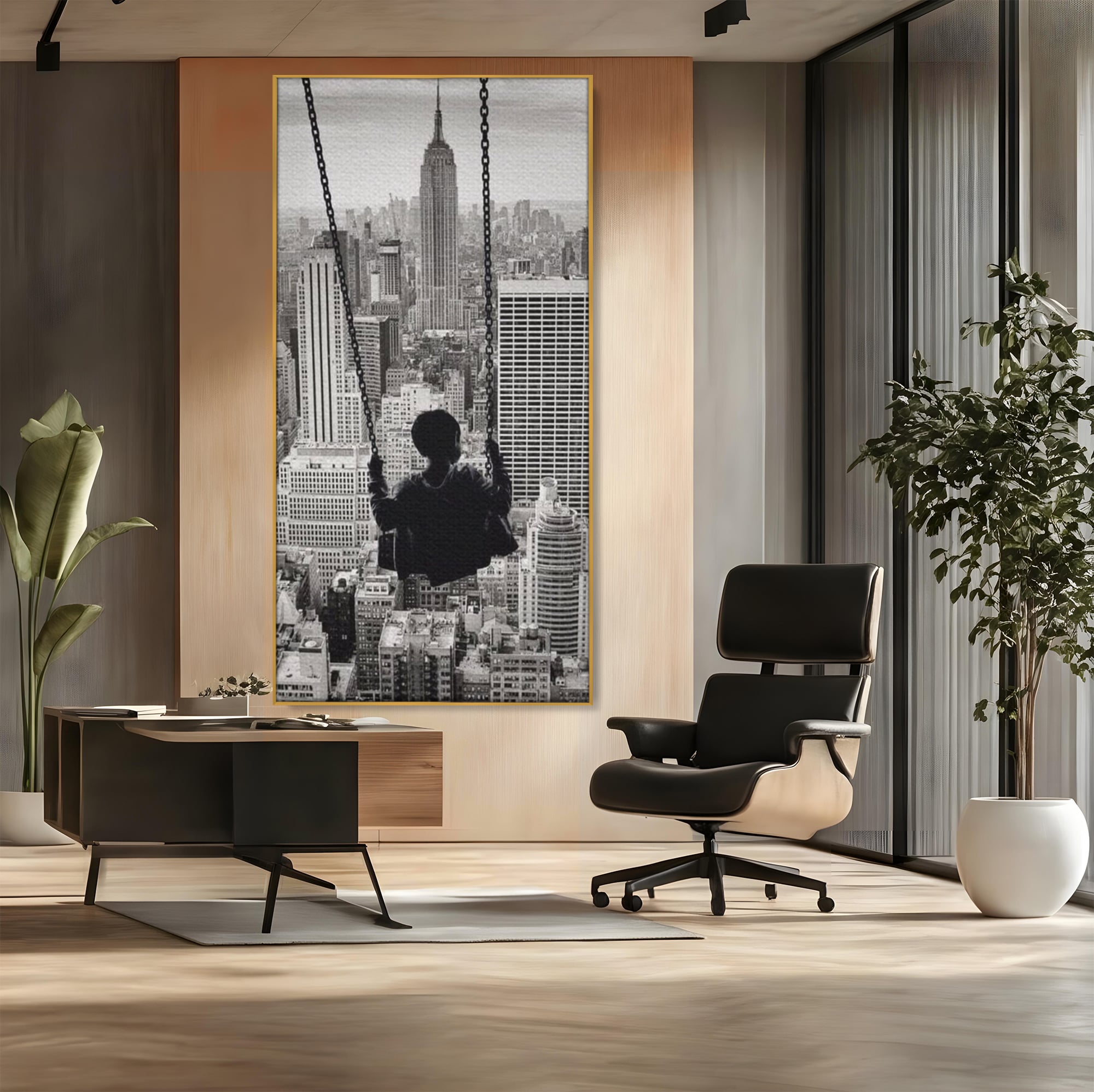 Tablou canvas cu tablou canvas cu copil in leagan deasupra orasului, in rama de aluminiu auriu, pe perete intr-un birou