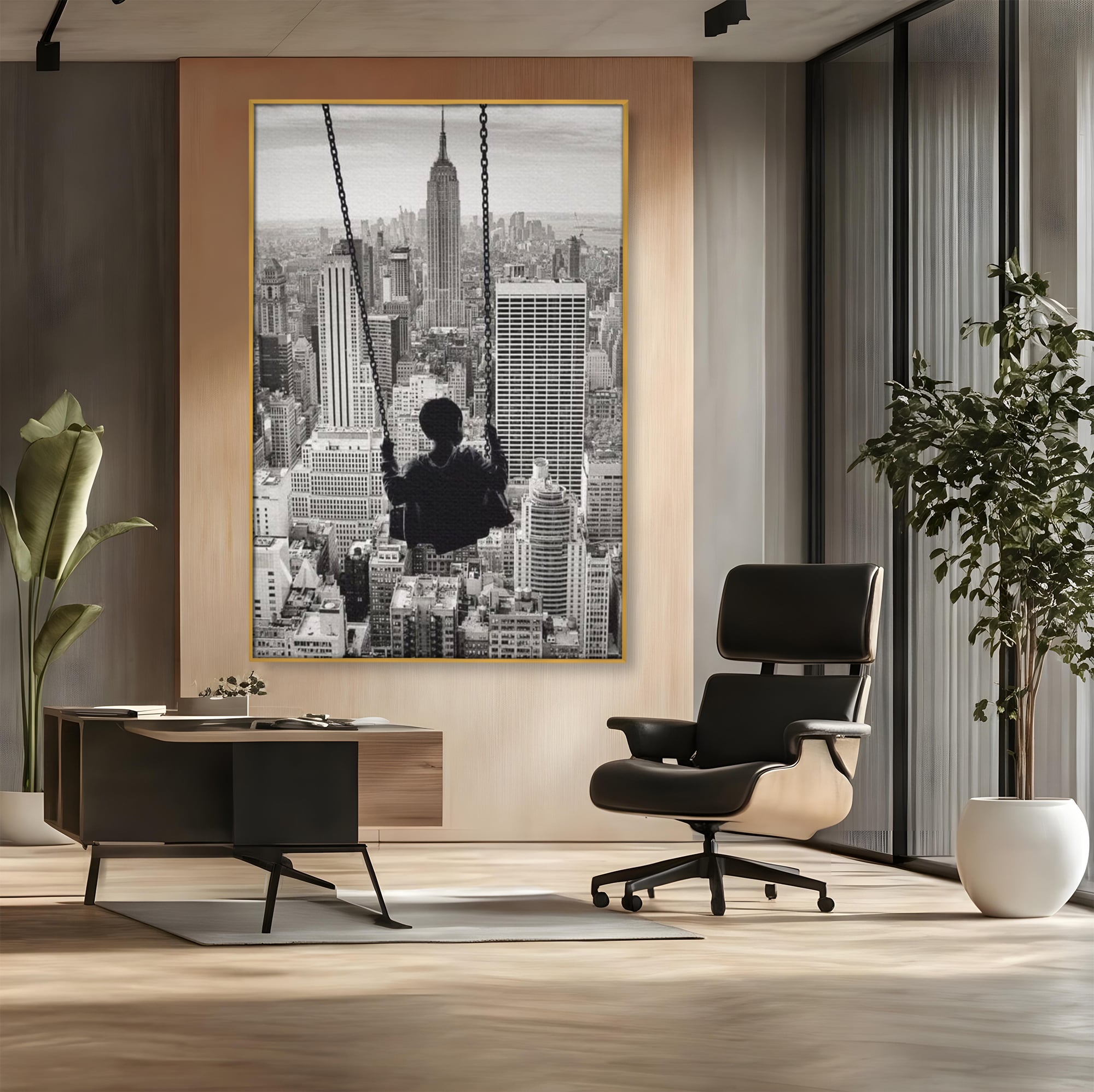 Tablou canvas cu tablou canvas cu copil in leagan deasupra orasului, in rama de aluminiu auriu, pe perete intr-un birou