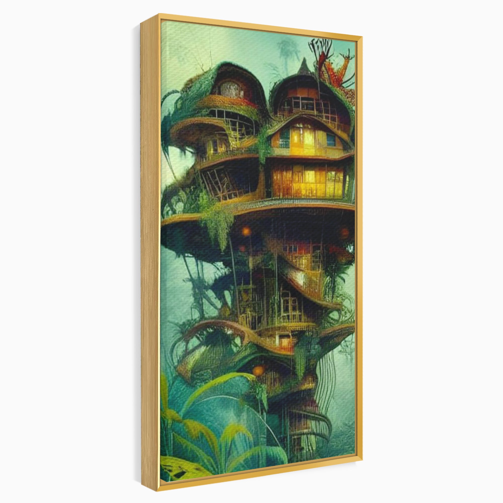 Tablou canvas cu ilustratie digitala cu turn in copac, in rama de aluminiu auriu