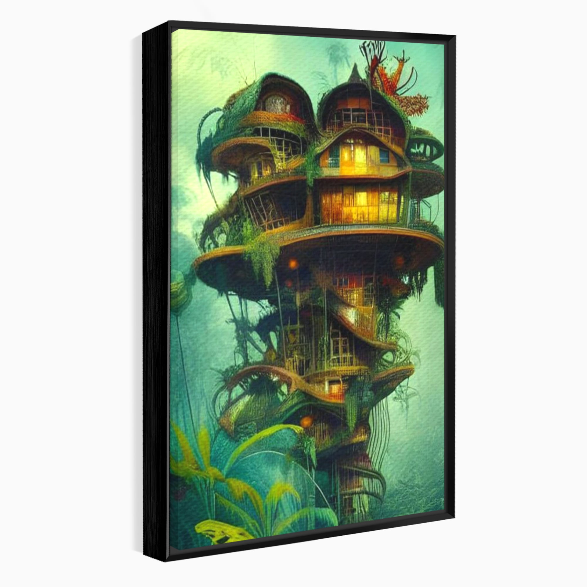 Tablou canvas cu ilustratie digitala cu turn in copac, in rama de aluminiu negru