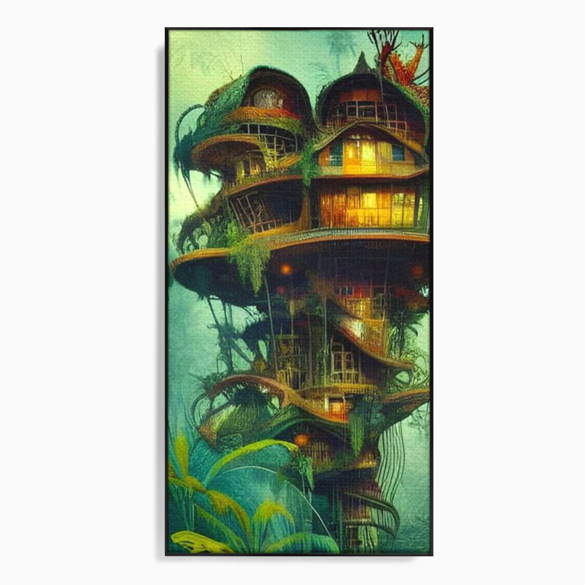 Tablou canvas cu ilustratie digitala cu turn in copac, in rama de aluminiu negru