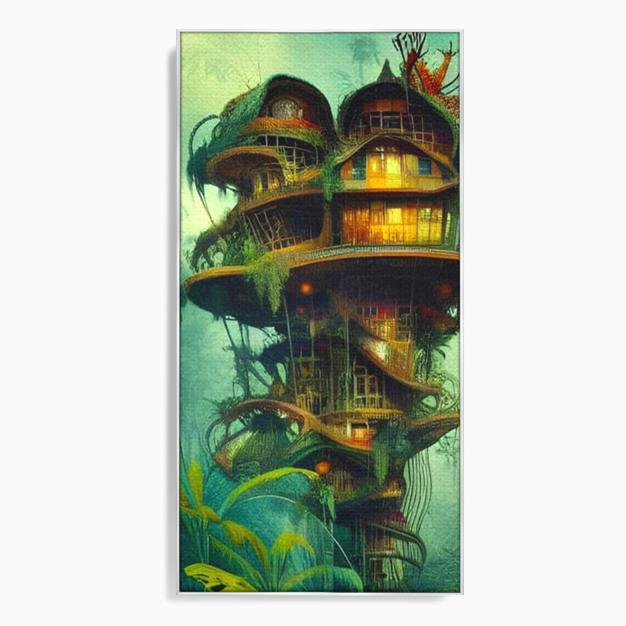 Tablou canvas cu ilustratie digitala cu turn in copac, in rama de aluminiu argintiu
