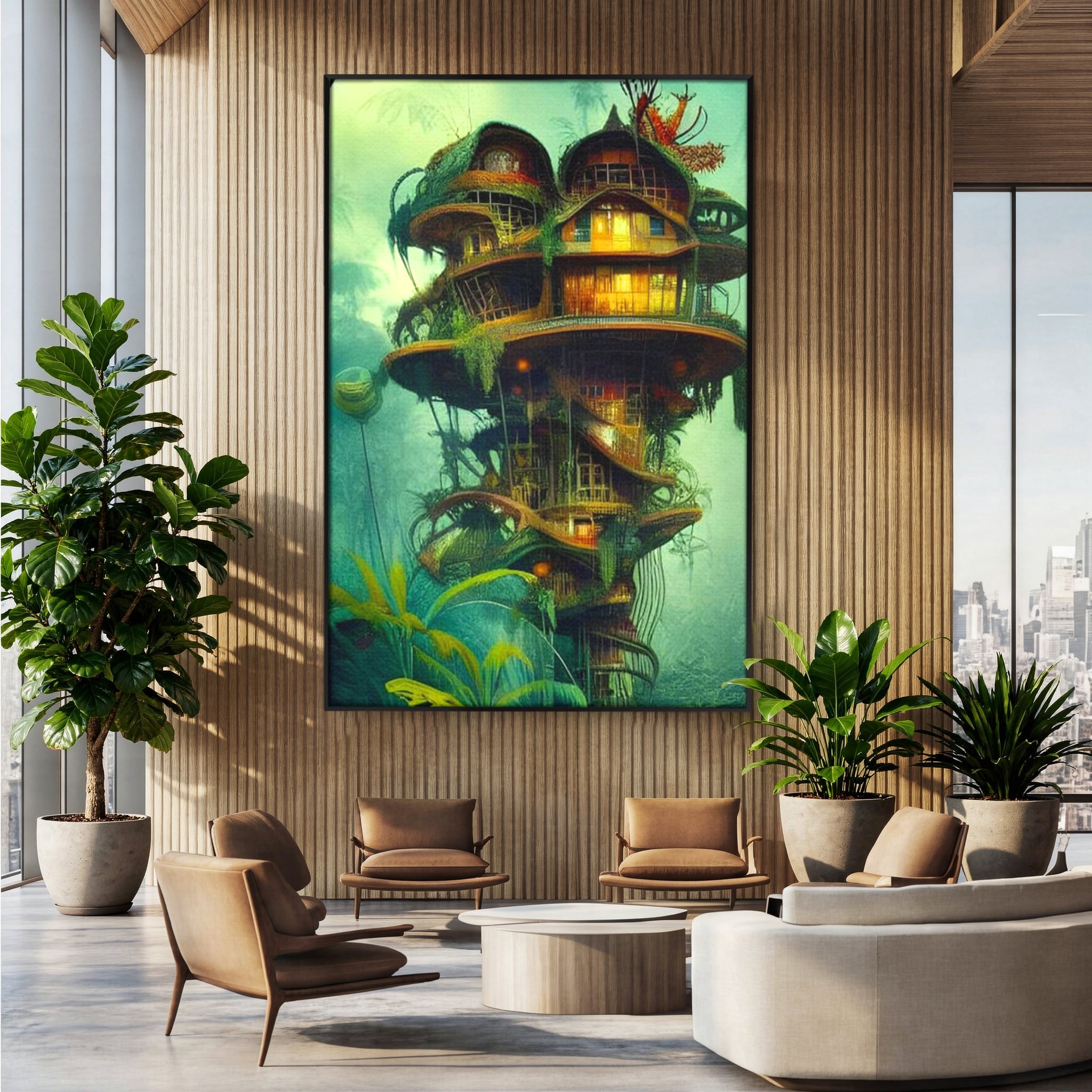 Tablou canvas cu ilustratie digitala cu turn in copac, in rama de aluminiu negru, pe perete intr-un birou