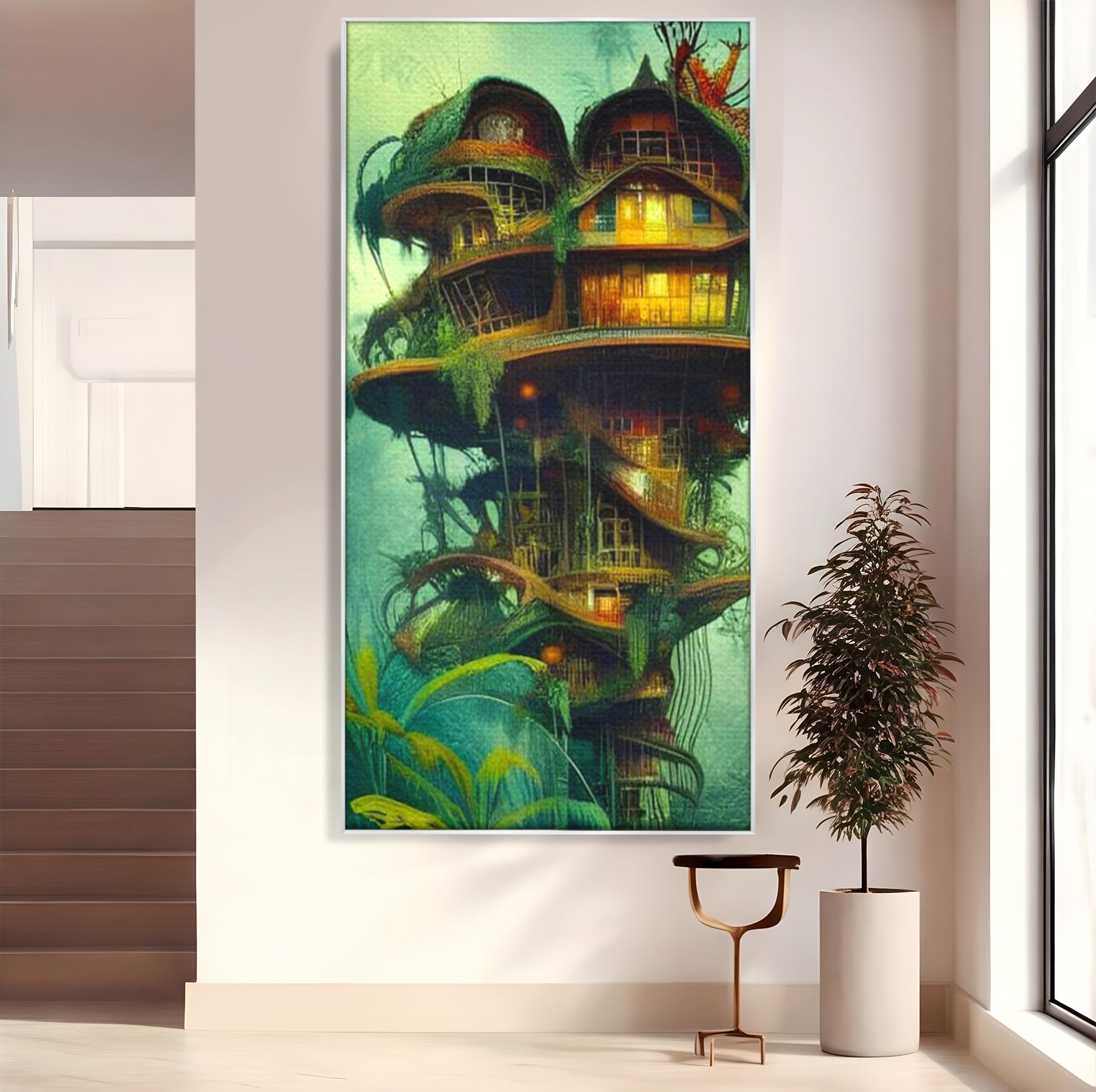 Tablou canvas cu ilustratie digitala cu turn in copac, in rama de aluminiu argintiu