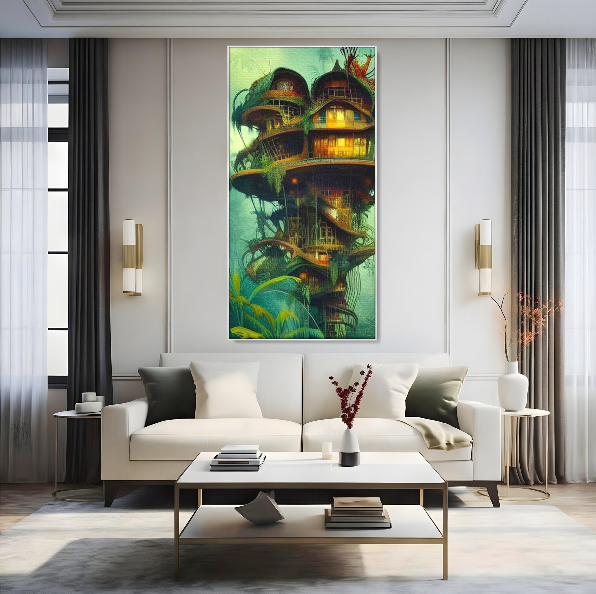 Tablou canvas cu ilustratie digitala cu turn in copac, in rama de aluminiu argintiu, pe perete intr-un living