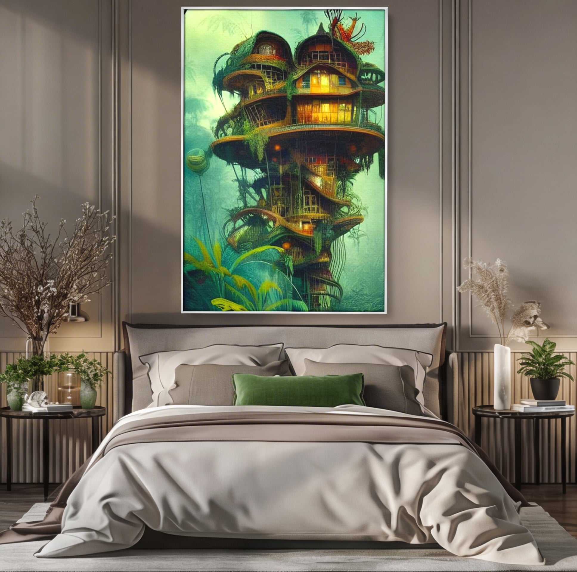 Tablou canvas cu ilustratie digitala cu turn in copac, in rama de aluminiu argintiu, pe perete intr-un dormitor
