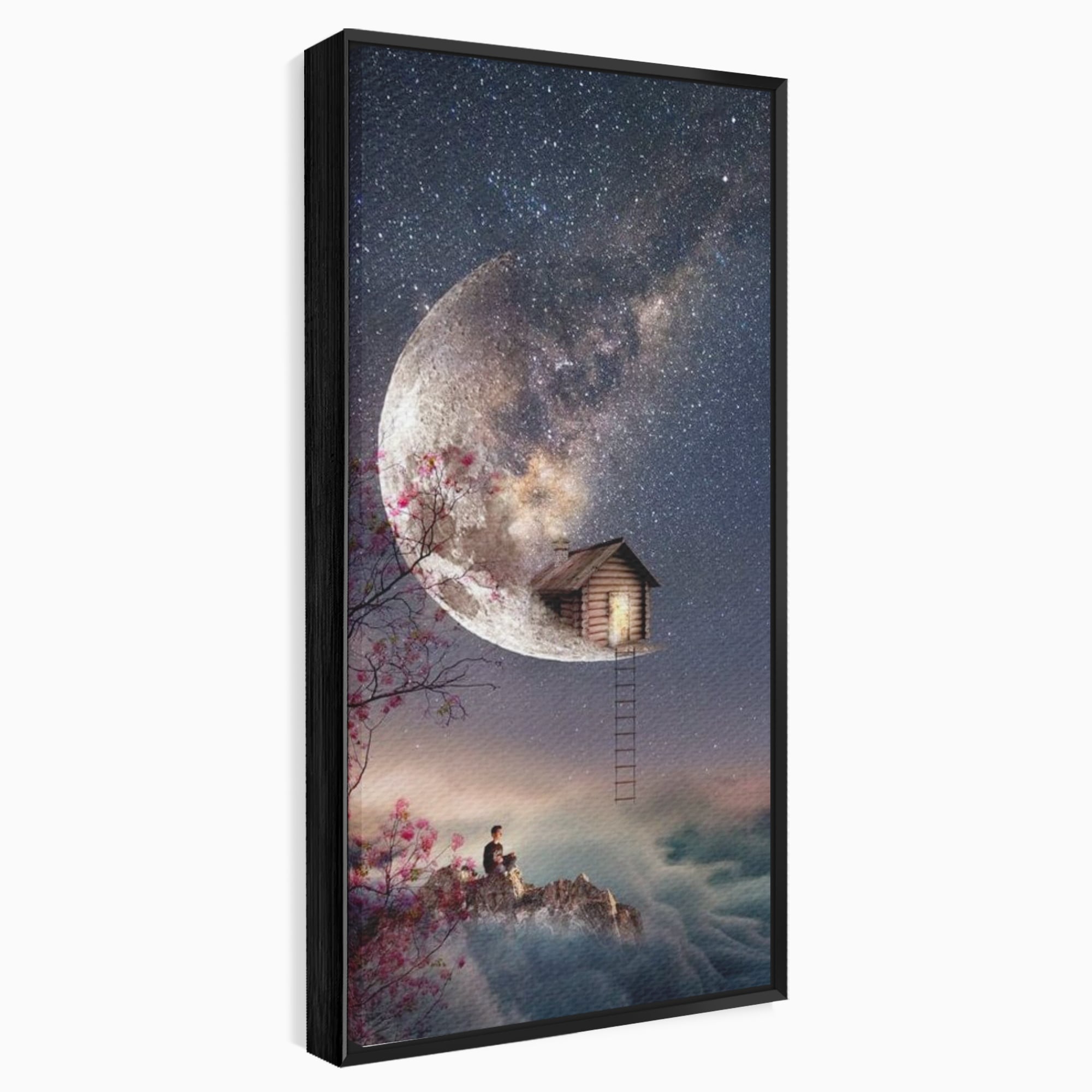 Tablou canvas cu ilustratie digitala cu casa pe luna, in rama de aluminiu negru