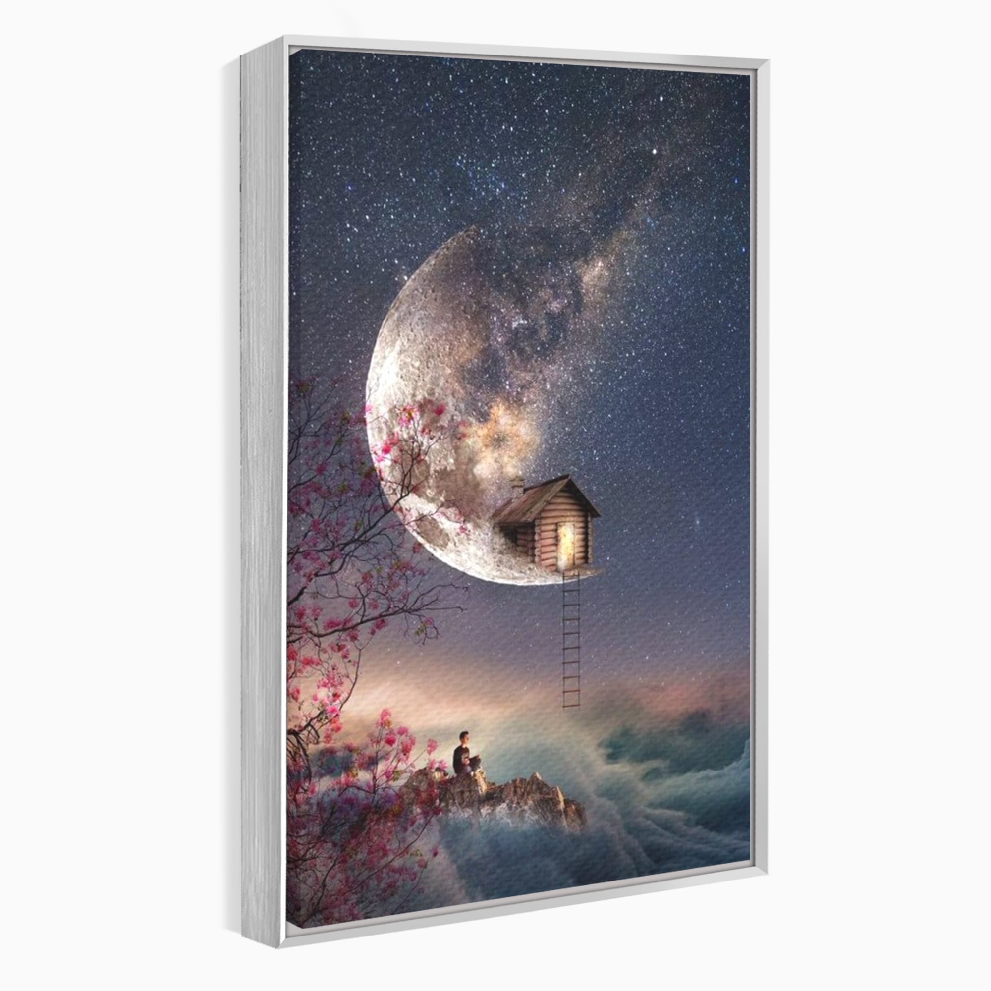 Tablou canvas cu ilustratie digitala cu casa pe luna, in rama de aluminiu argintiu