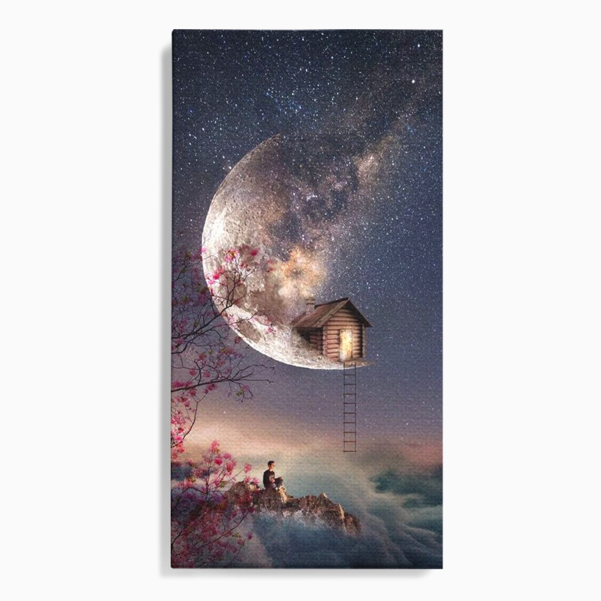 Tablou canvas cu ilustratie digitala cu casa pe luna, fara rama, pe sasiu de lemn