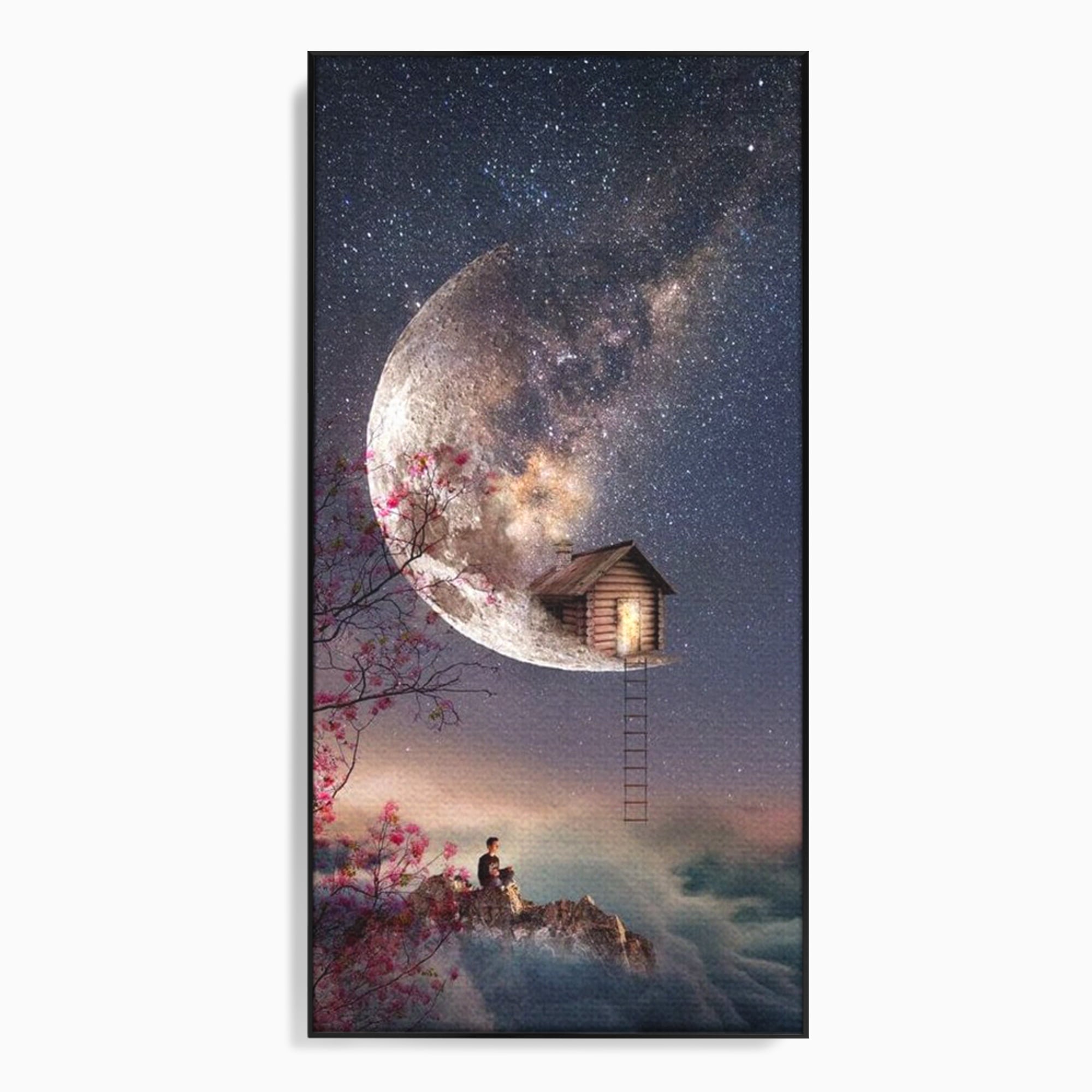Tablou canvas cu ilustratie digitala cu casa pe luna, in rama de aluminiu negru
