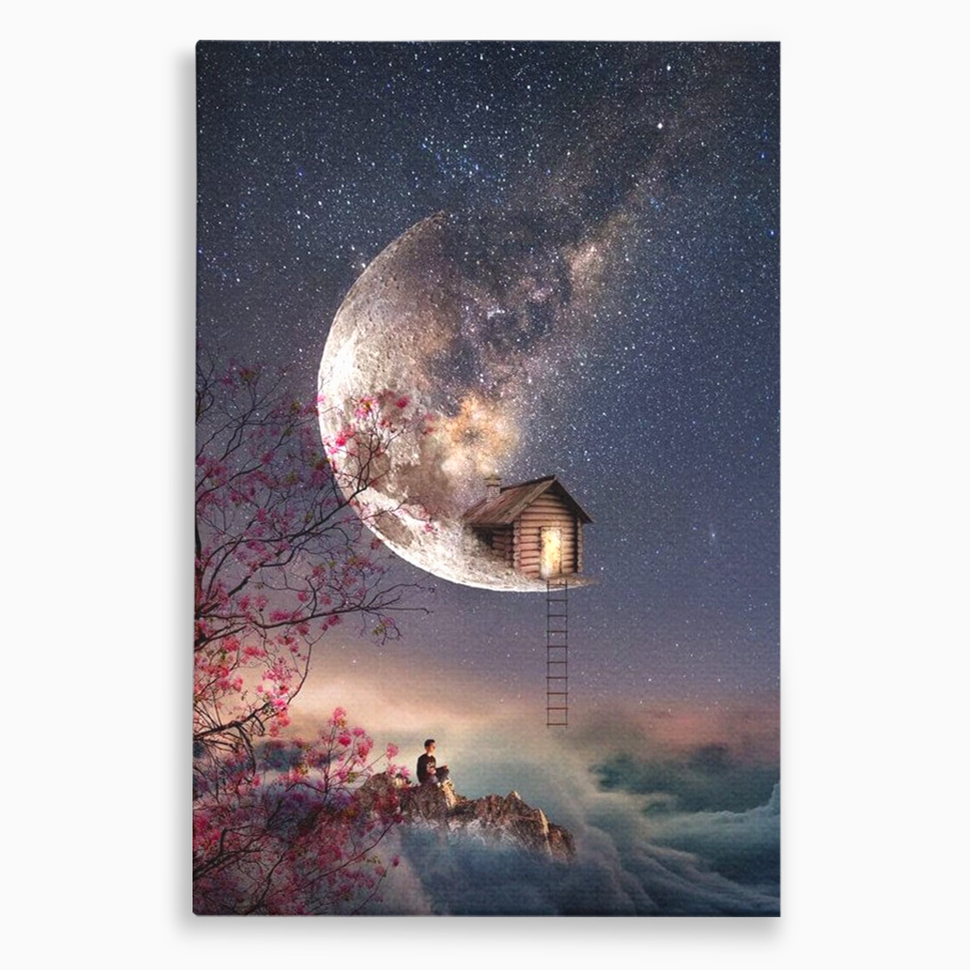 Tablou canvas cu ilustratie digitala cu casa pe luna, fara rama, pe sasiu de lemn