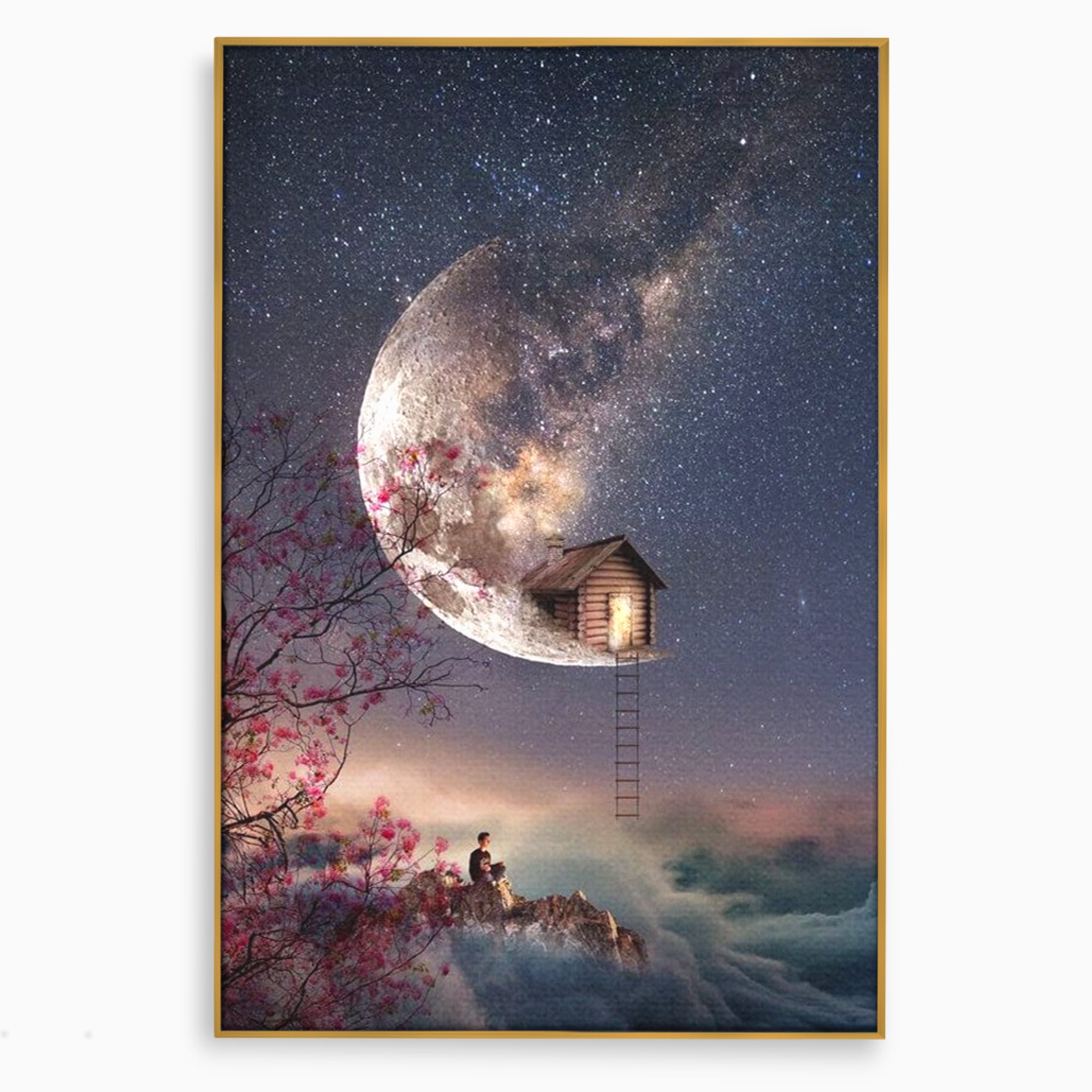 Tablou canvas cu ilustratie digitala cu casa pe luna, in rama de aluminiu auriu