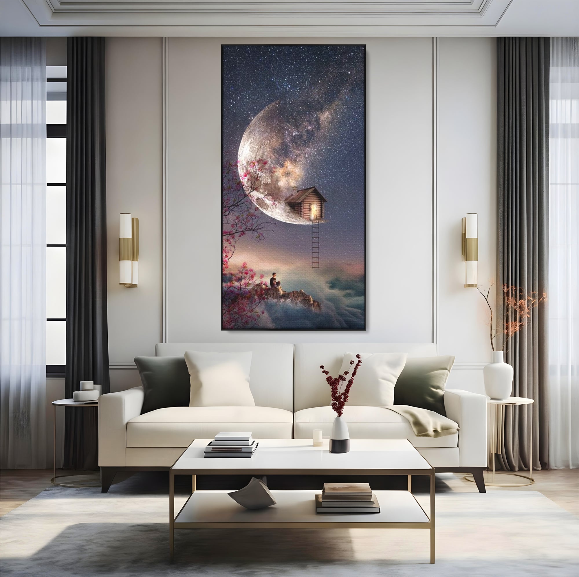 Tablou canvas cu ilustratie digitala cu casa pe luna, in rama de aluminiu negru, pe perete intr-un living