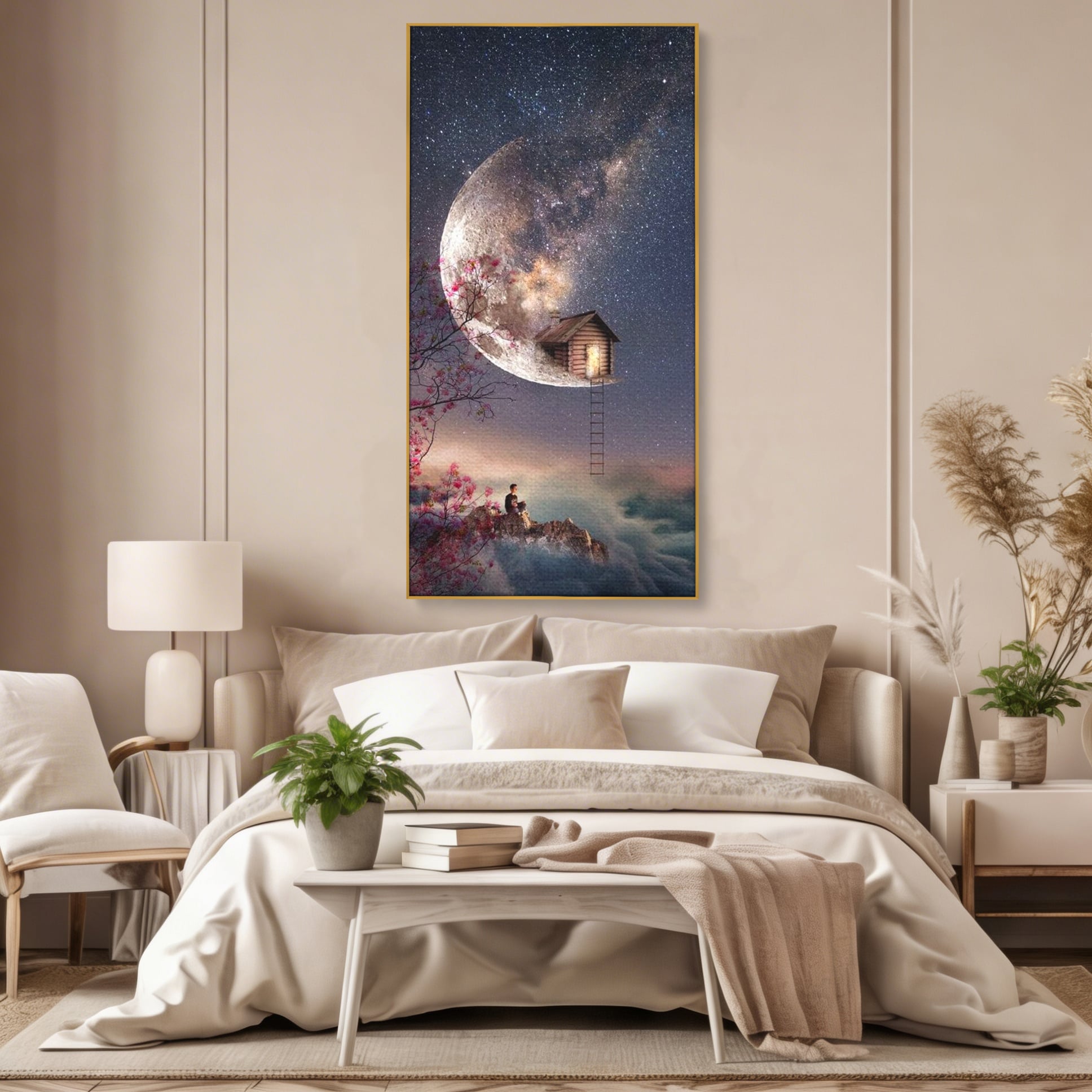 Tablou canvas cu ilustratie digitala cu casa pe luna, in rama de aluminiu auriu, pe perete intr-un dormitor