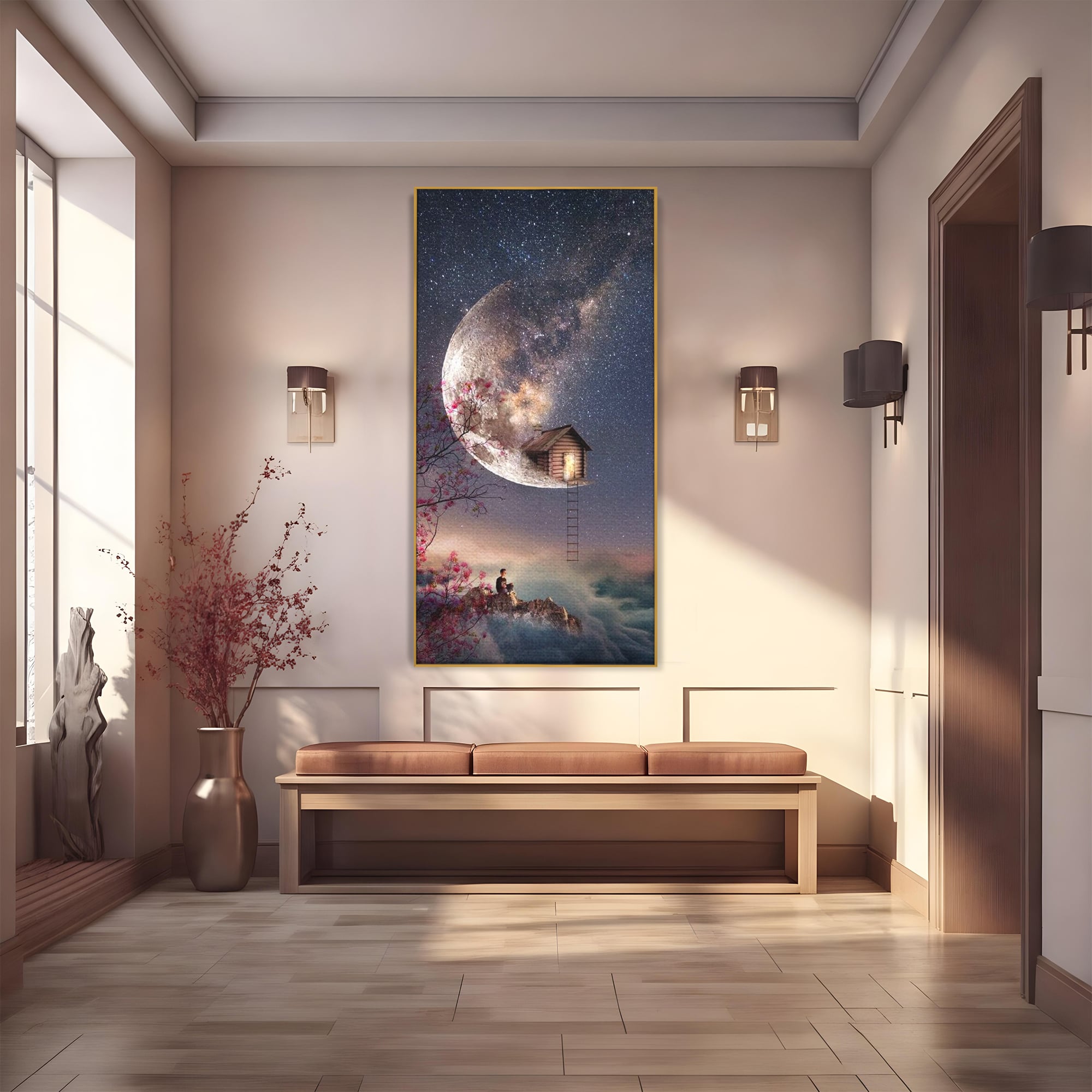 Tablou canvas cu ilustratie digitala cu casa pe luna, in rama de aluminiu auriu