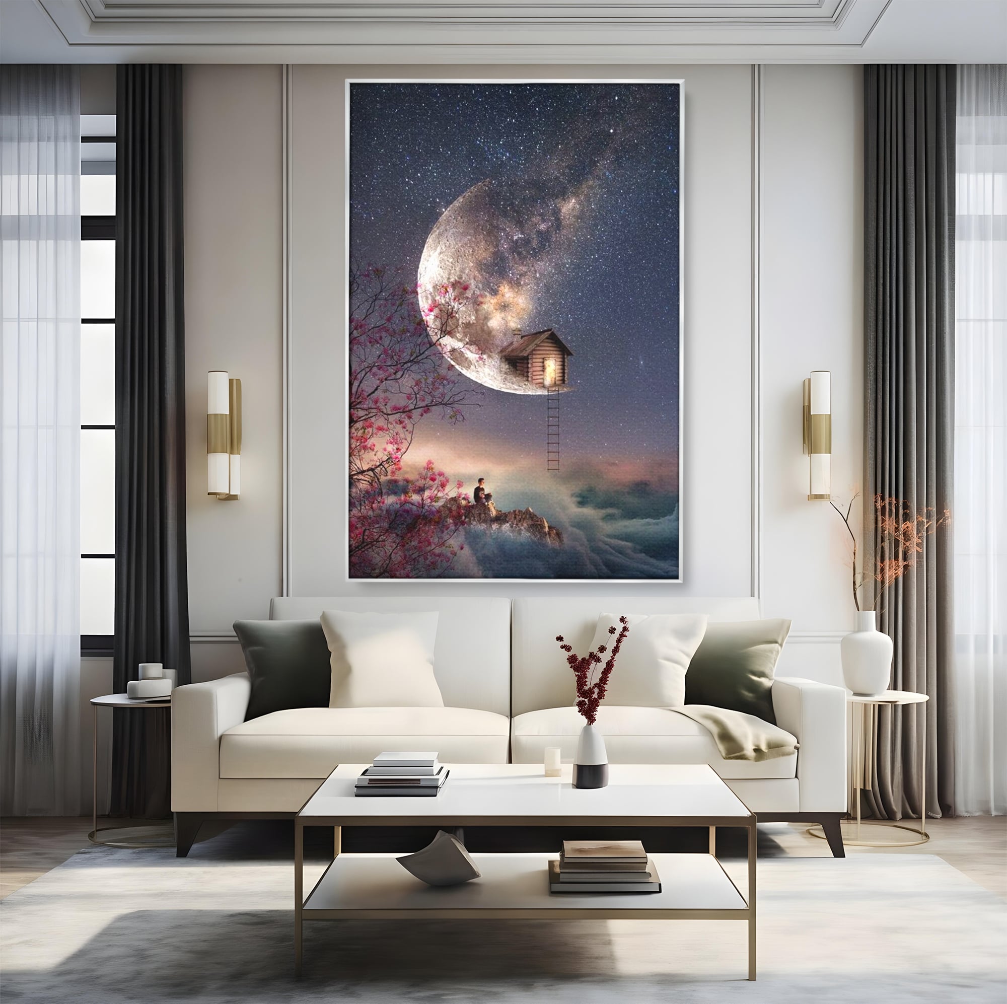 Tablou canvas cu ilustratie digitala cu casa pe luna, in rama de aluminiu argintiu, pe perete intr-un living