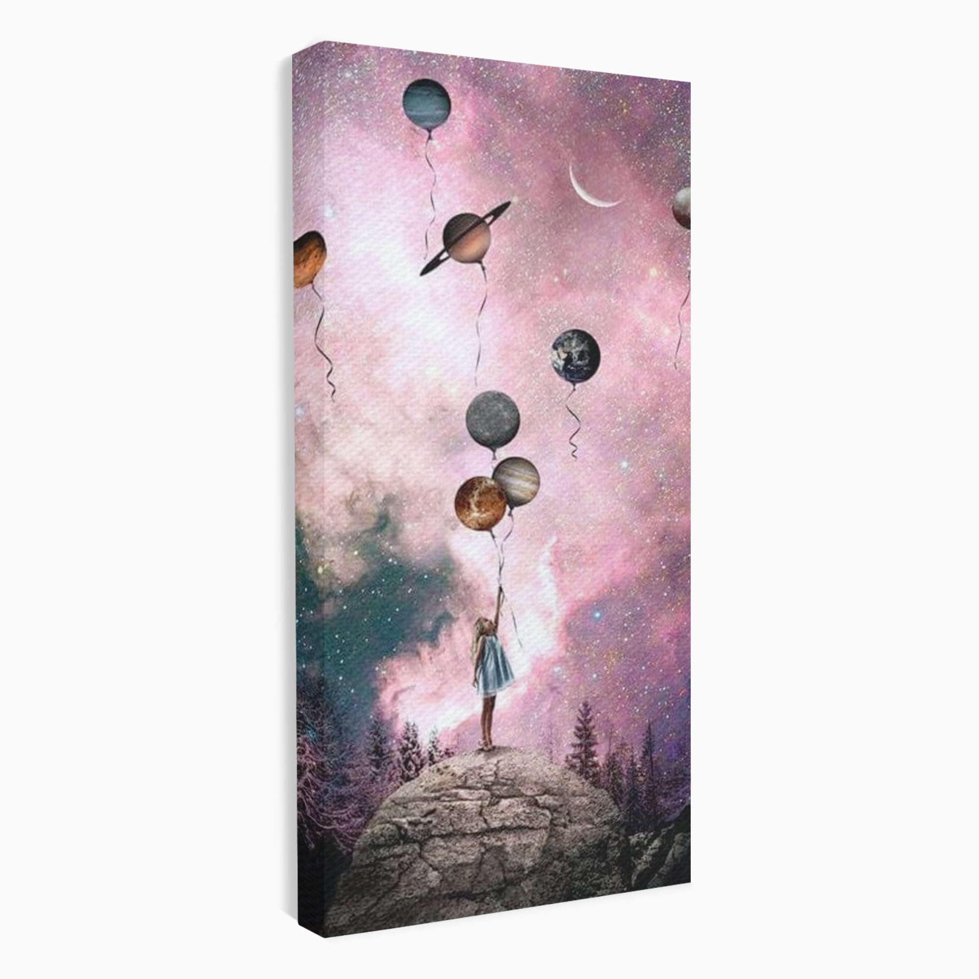 Tablou canvas cu ilustratie fetita tinand baloane planete, fara rama, pe sasiu de lemn