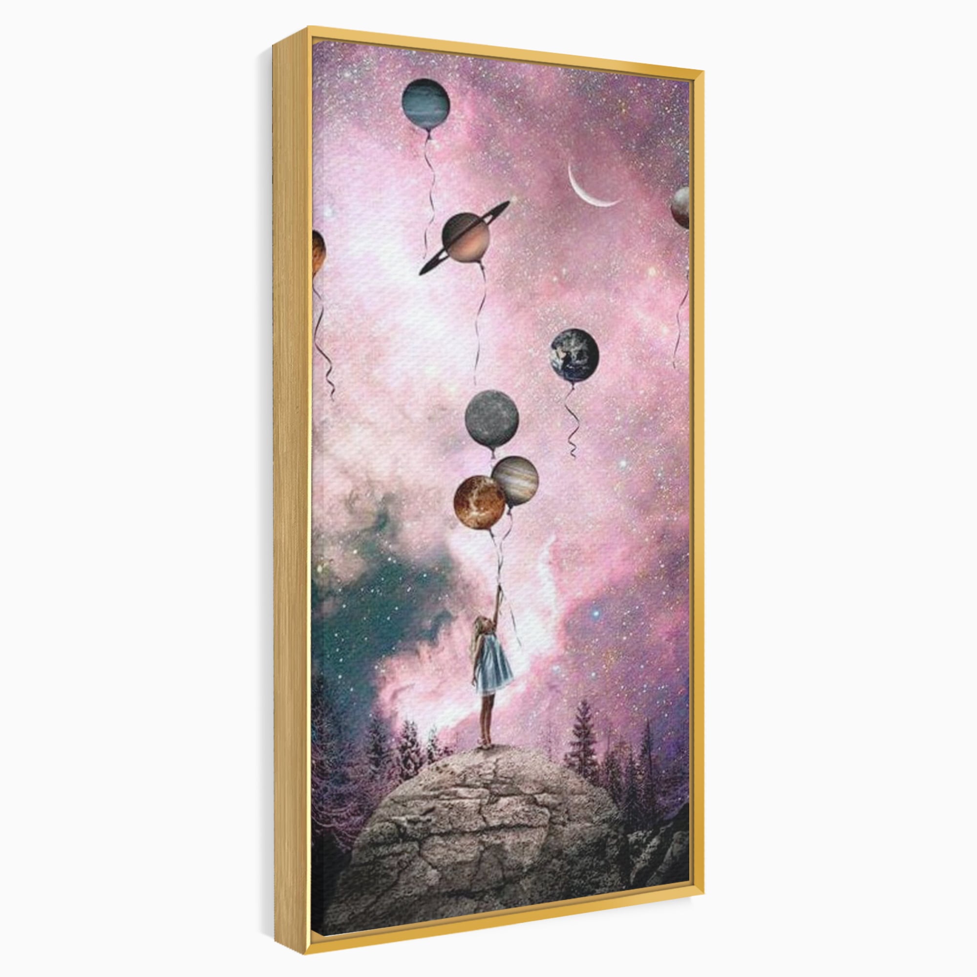 Tablou canvas cu ilustratie fetita tinand baloane planete, in rama de aluminiu auriu