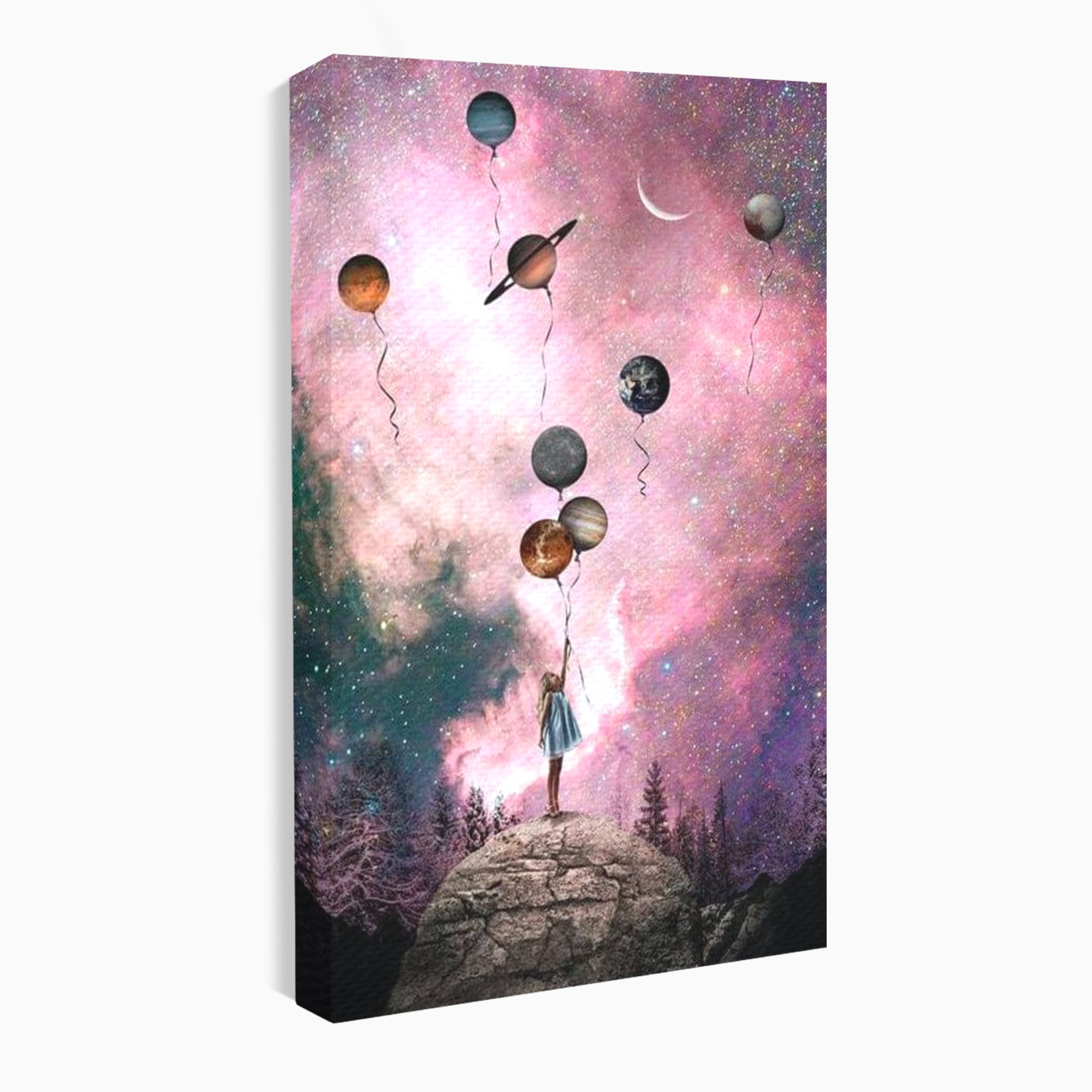 Tablou canvas cu ilustratie fetita tinand baloane planete, fara rama, pe sasiu de lemn