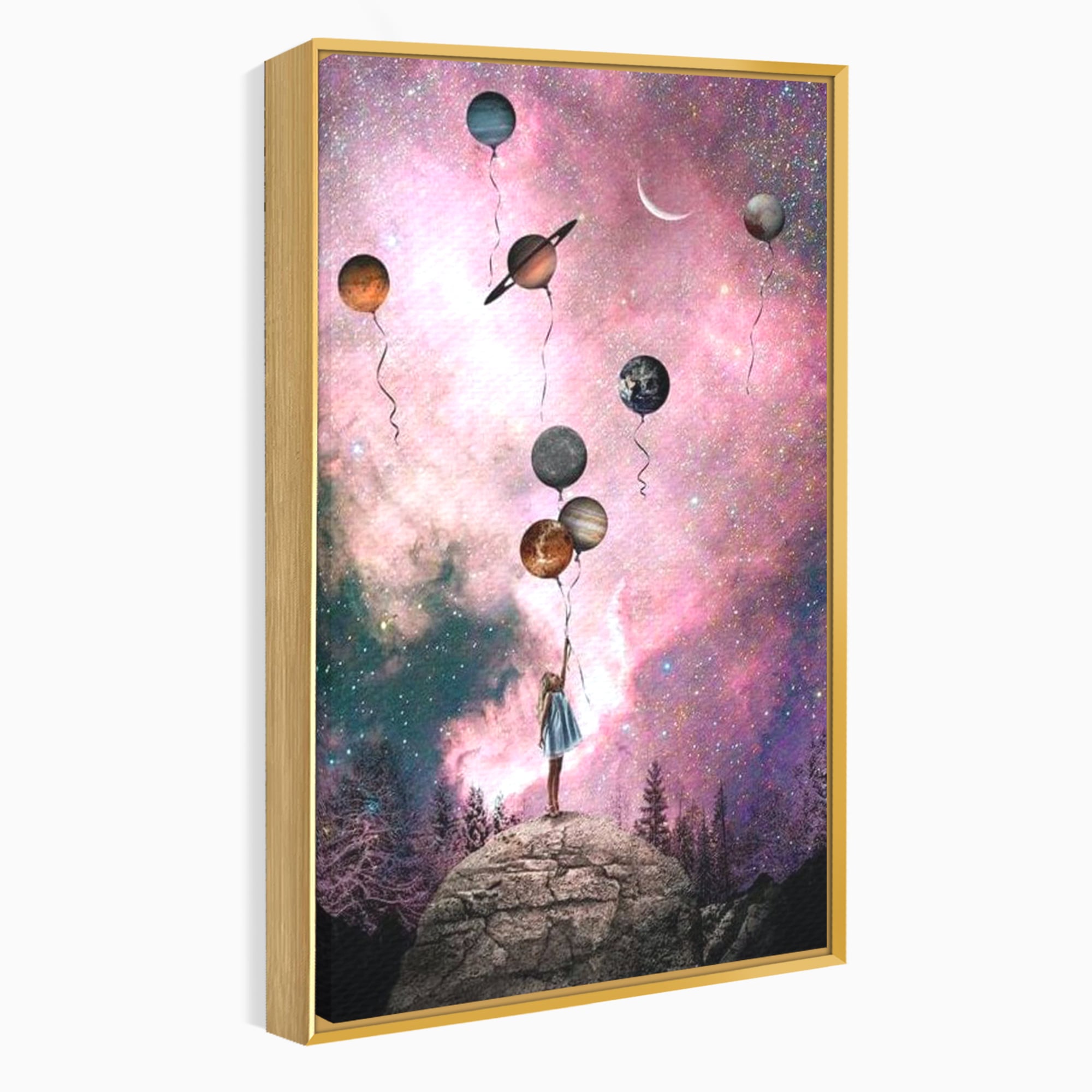 Tablou canvas cu ilustratie fetita tinand baloane planete, in rama de aluminiu auriu