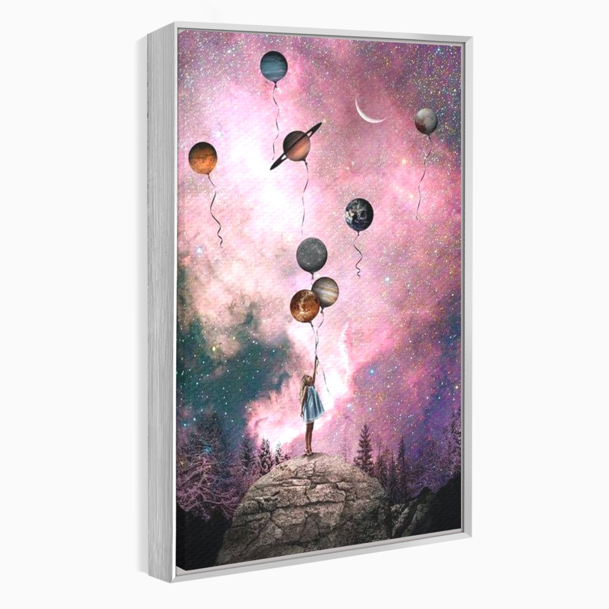 Tablou canvas cu ilustratie fetita tinand baloane planete, in rama de aluminiu argintiu