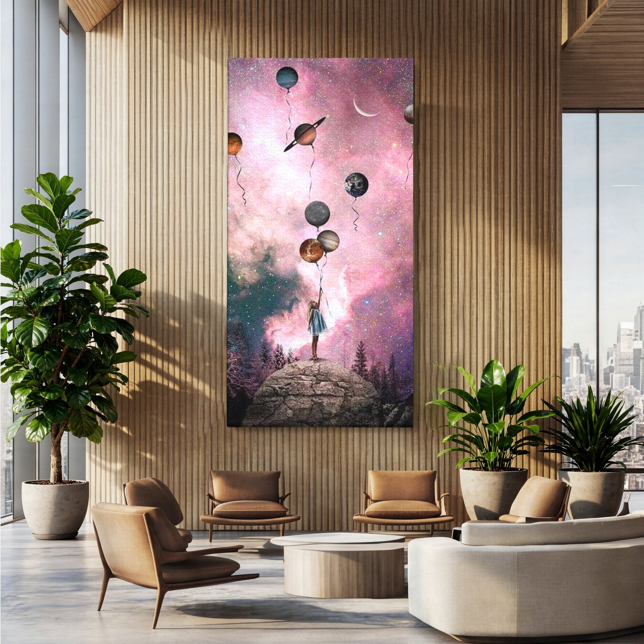 Tablou canvas cu ilustratie fetita tinand baloane planete, fara rama, pe sasiu de lemn, pe perete intr-un birou