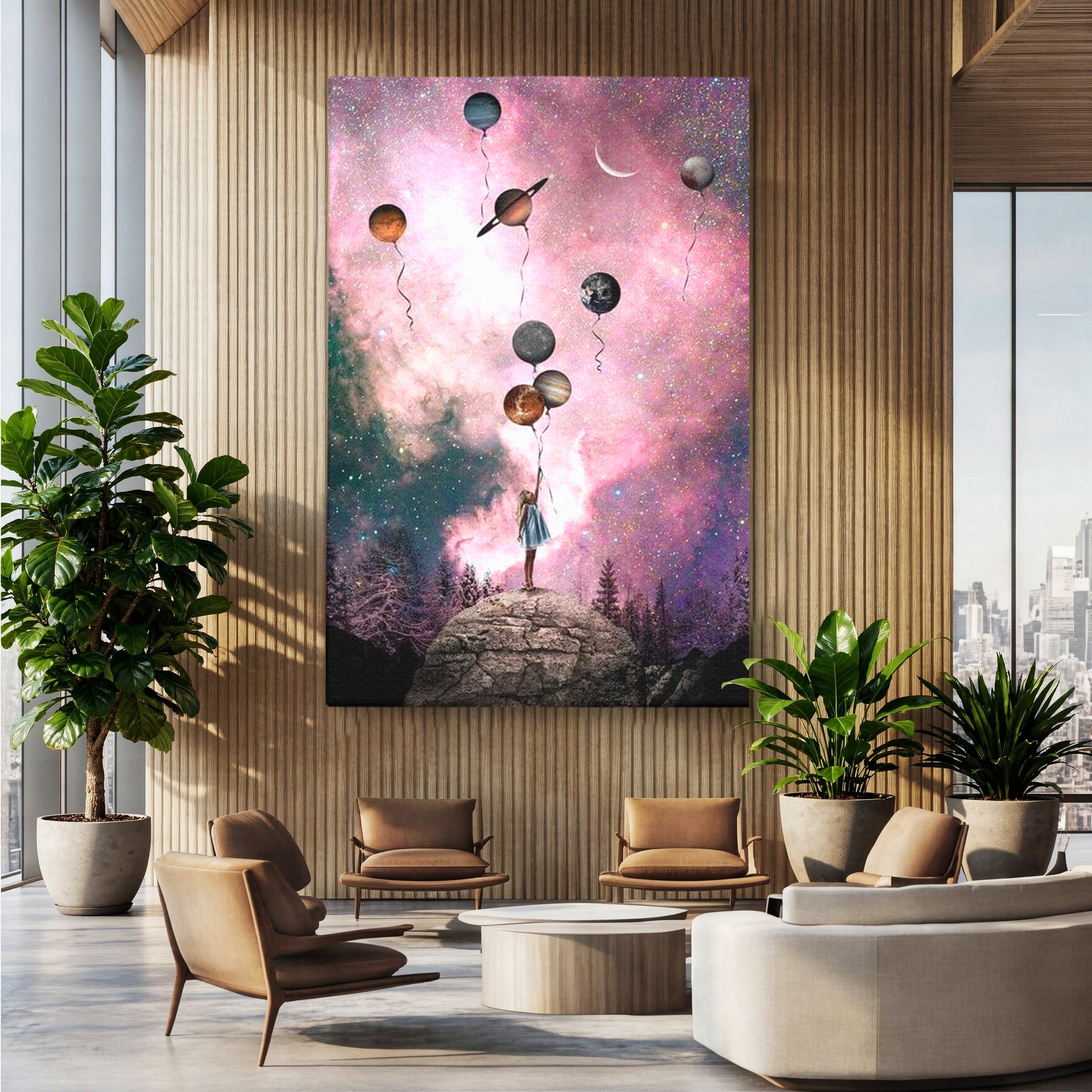 Tablou canvas cu ilustratie fetita tinand baloane planete, fara rama, pe sasiu de lemn, pe perete intr-un birou