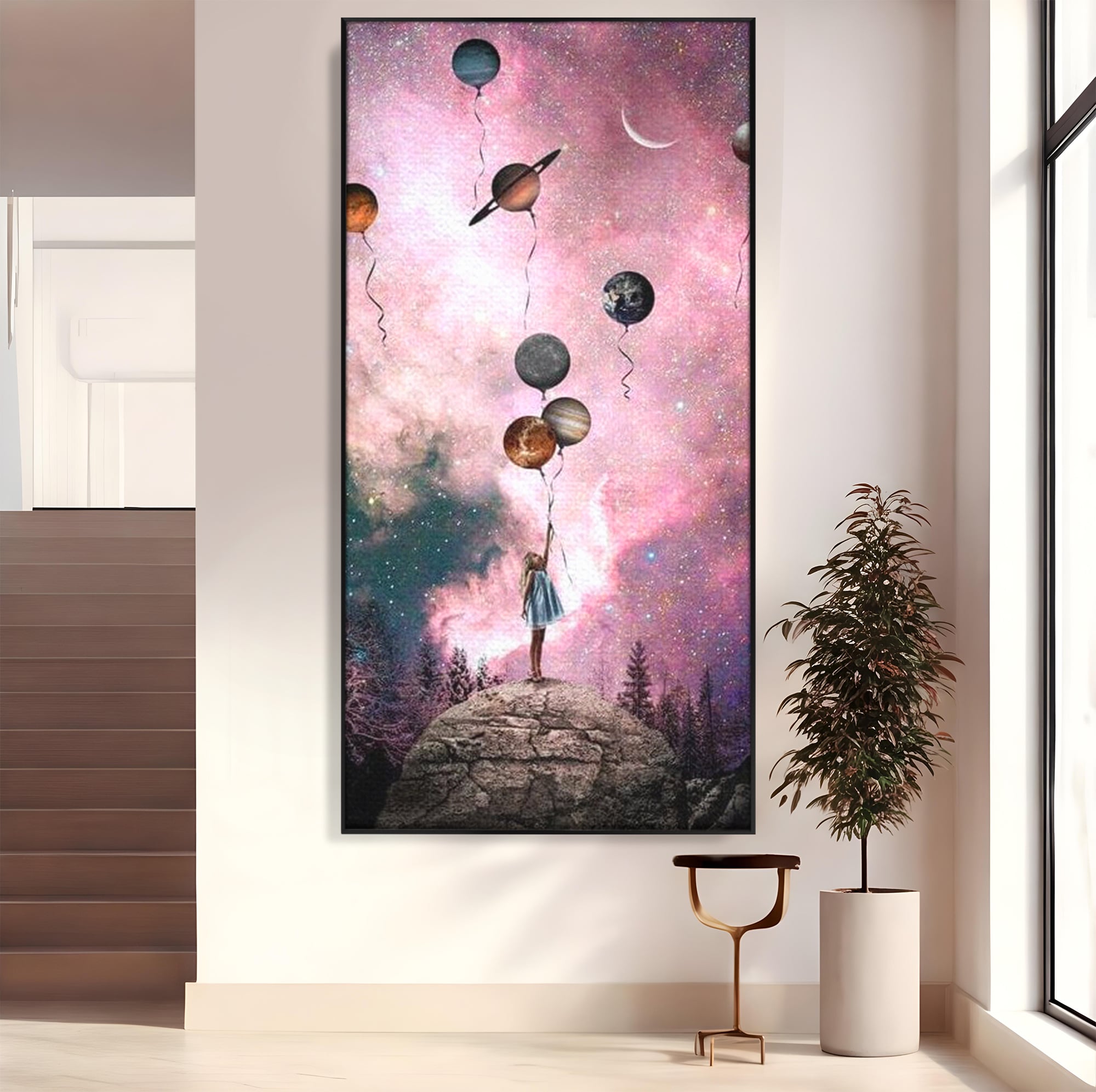 Tablou canvas cu ilustratie fetita tinand baloane planete, in rama de aluminiu negru