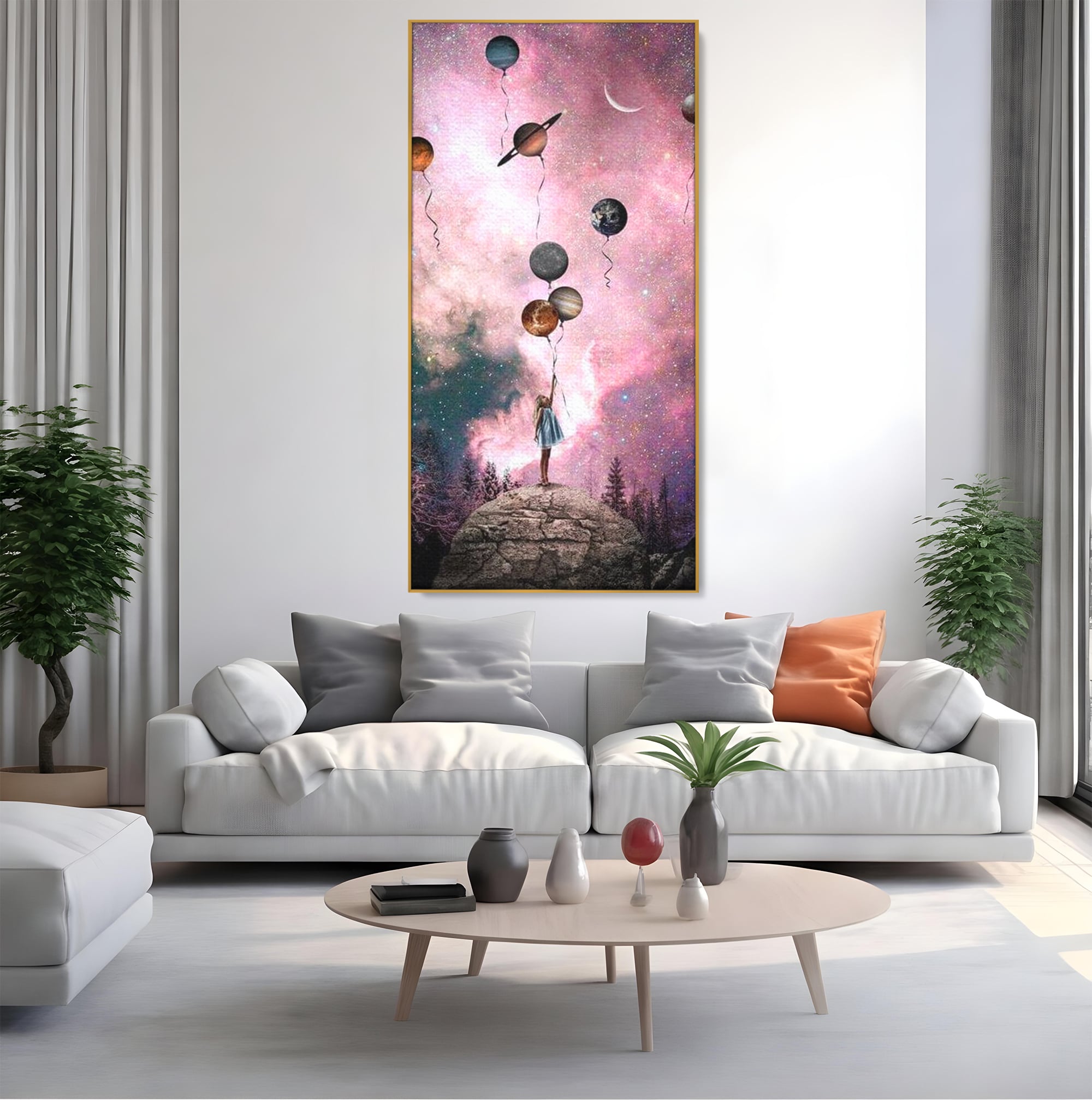 Tablou canvas cu ilustratie fetita tinand baloane planete, in rama de aluminiu auriu, pe perete intr-un living