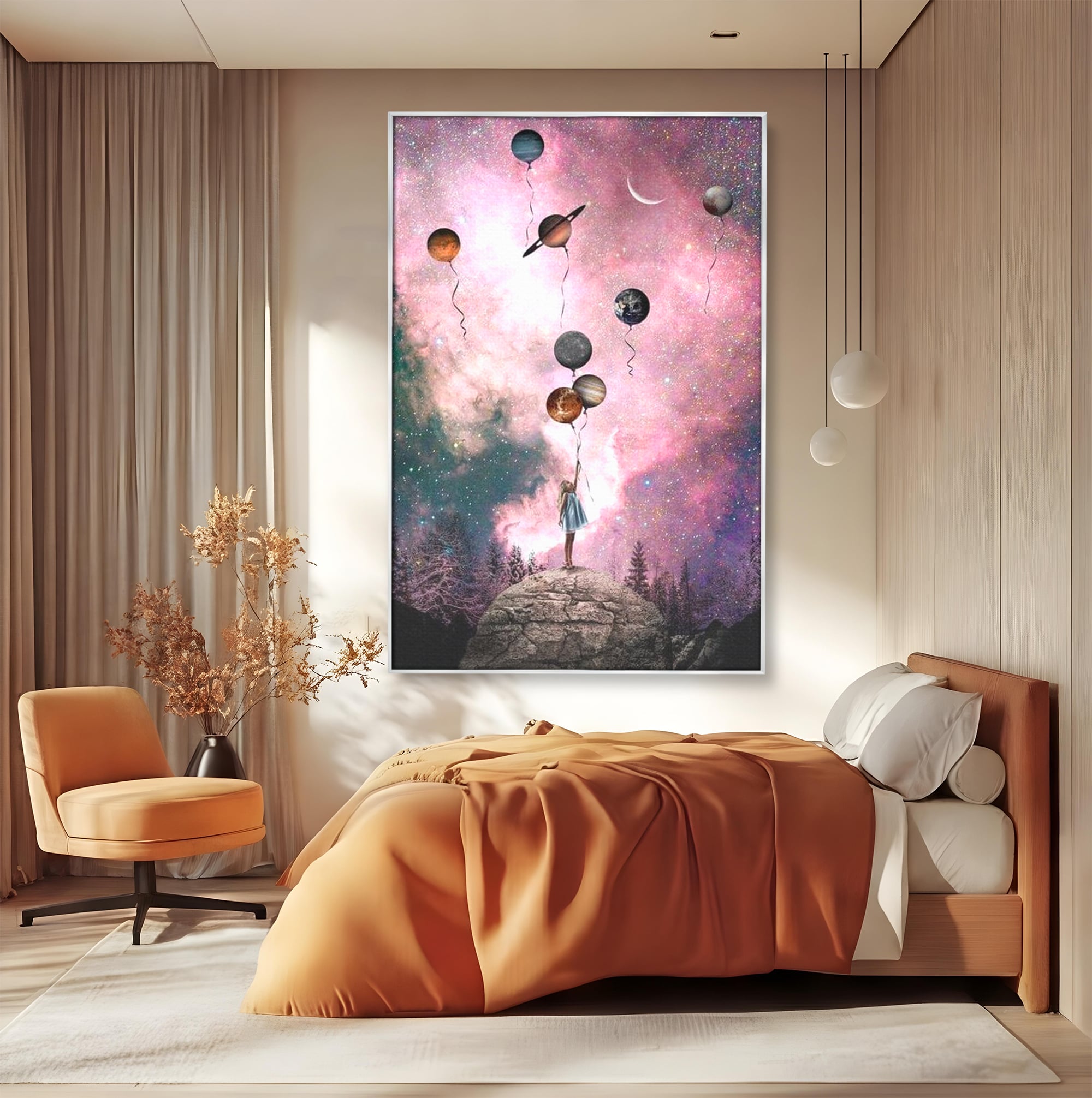 Tablou canvas cu ilustratie fetita tinand baloane planete, in rama de aluminiu argintiu, pe perete intr-un dormitor