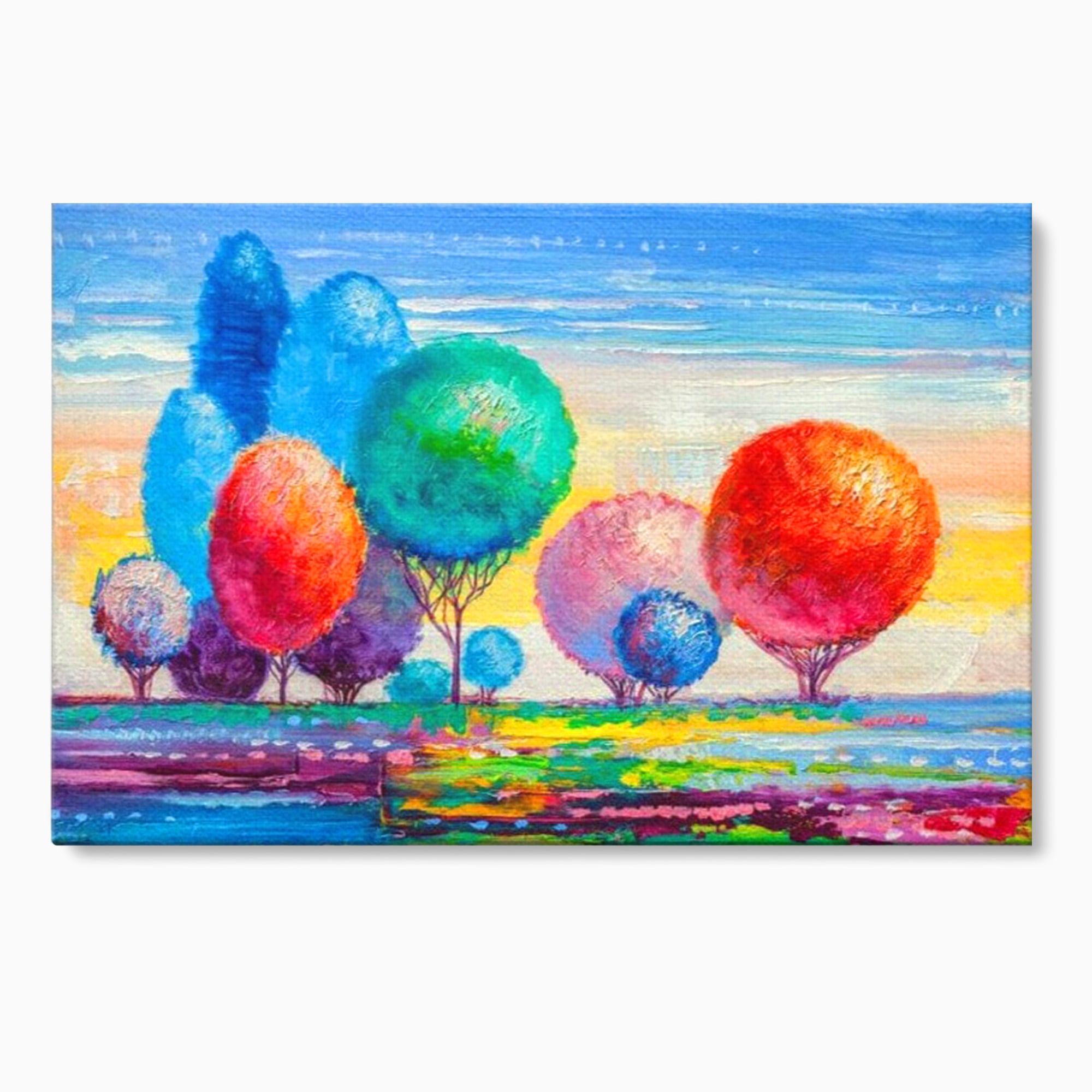 Tablou canvas cu tablou pictura cu copaci cu coroane rotunde sferice, fara rama, pe sasiu de lemn