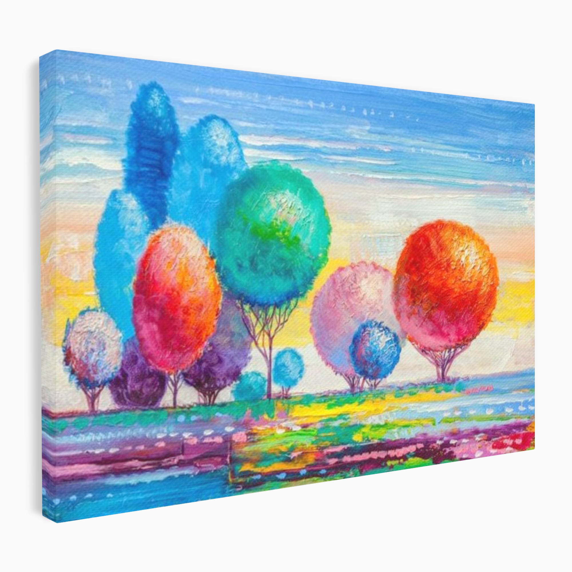 Tablou canvas cu tablou pictura cu copaci cu coroane rotunde sferice, fara rama, pe sasiu de lemn