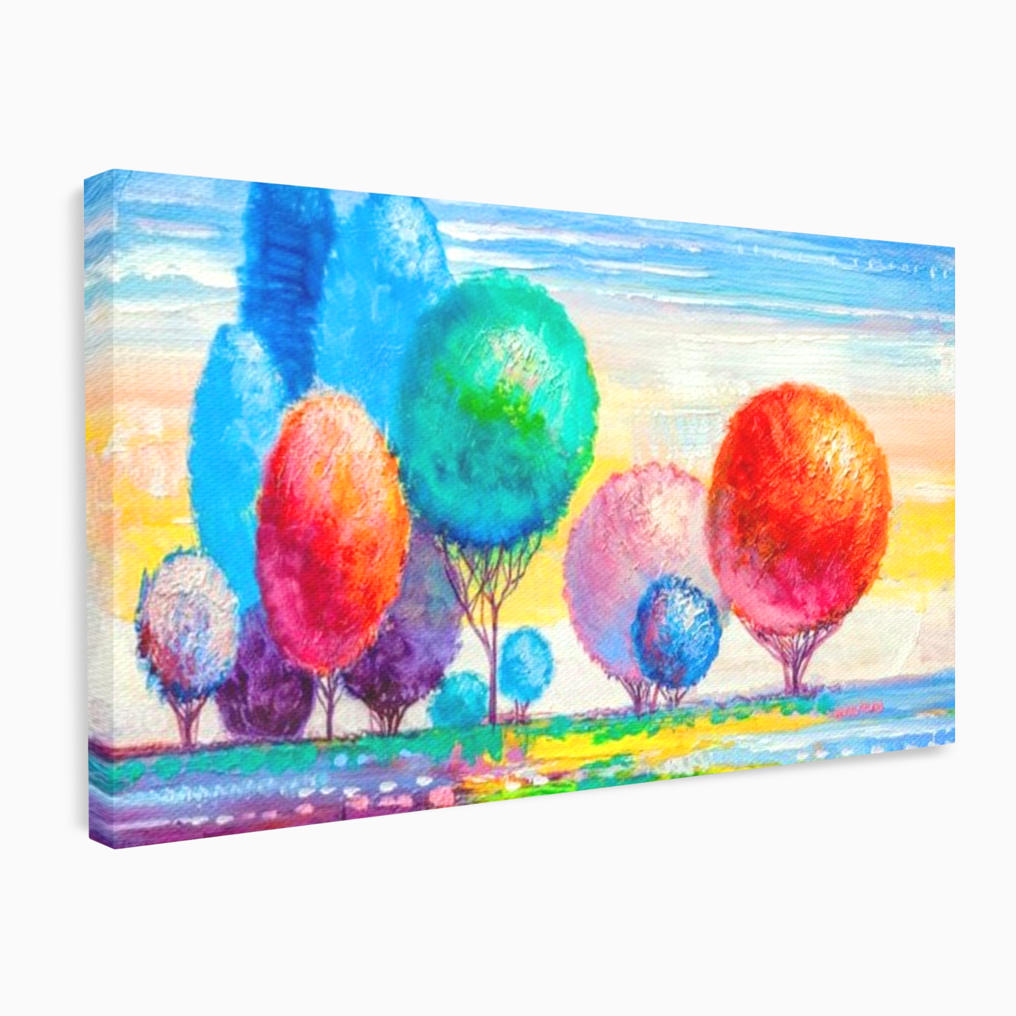 Tablou canvas cu tablou pictura cu copaci cu coroane rotunde sferice, fara rama, pe sasiu de lemn