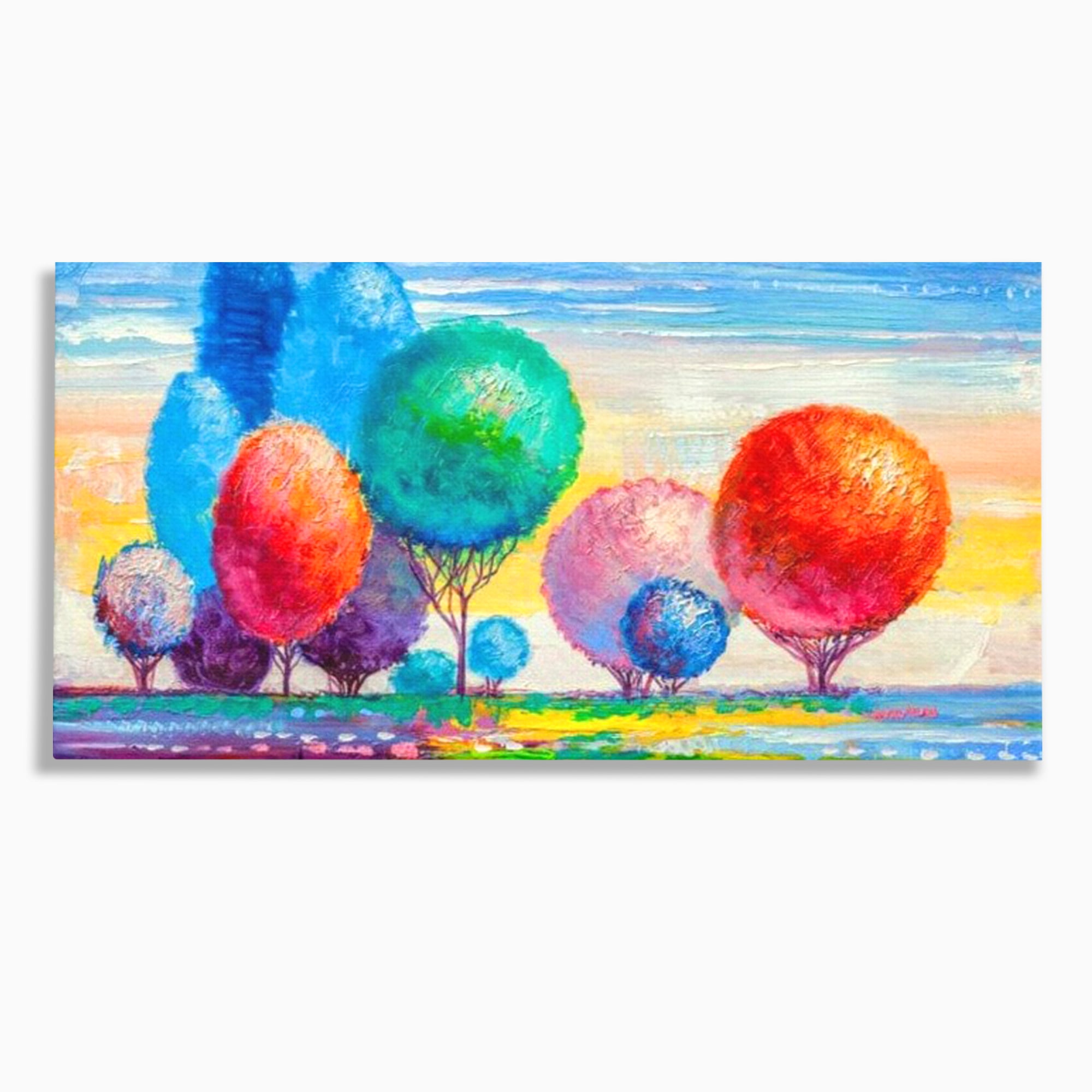 Tablou canvas cu tablou pictura cu copaci cu coroane rotunde sferice, fara rama, pe sasiu de lemn