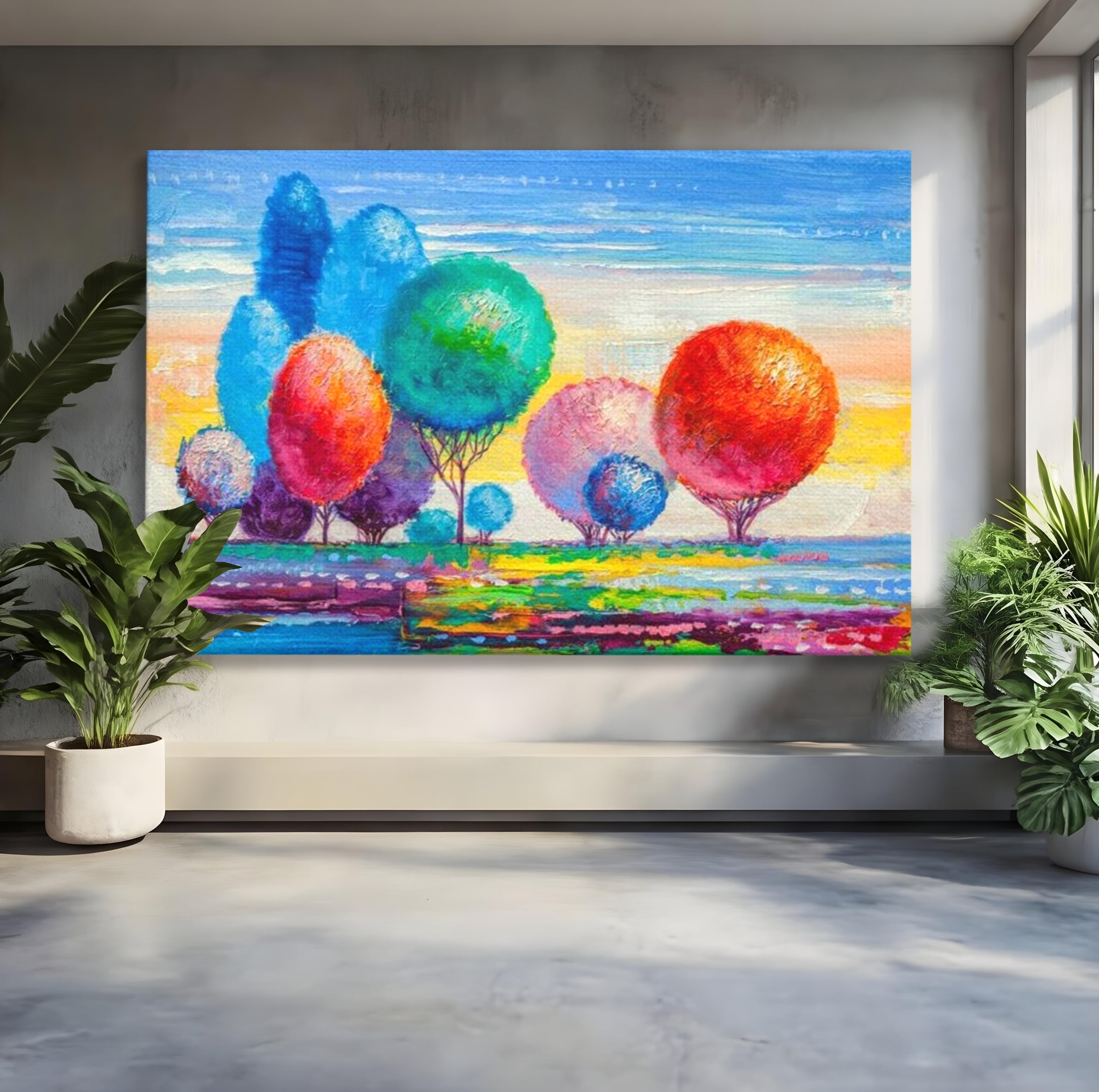 Tablou canvas cu tablou pictura cu copaci cu coroane rotunde sferice, fara rama, pe sasiu de lemn
