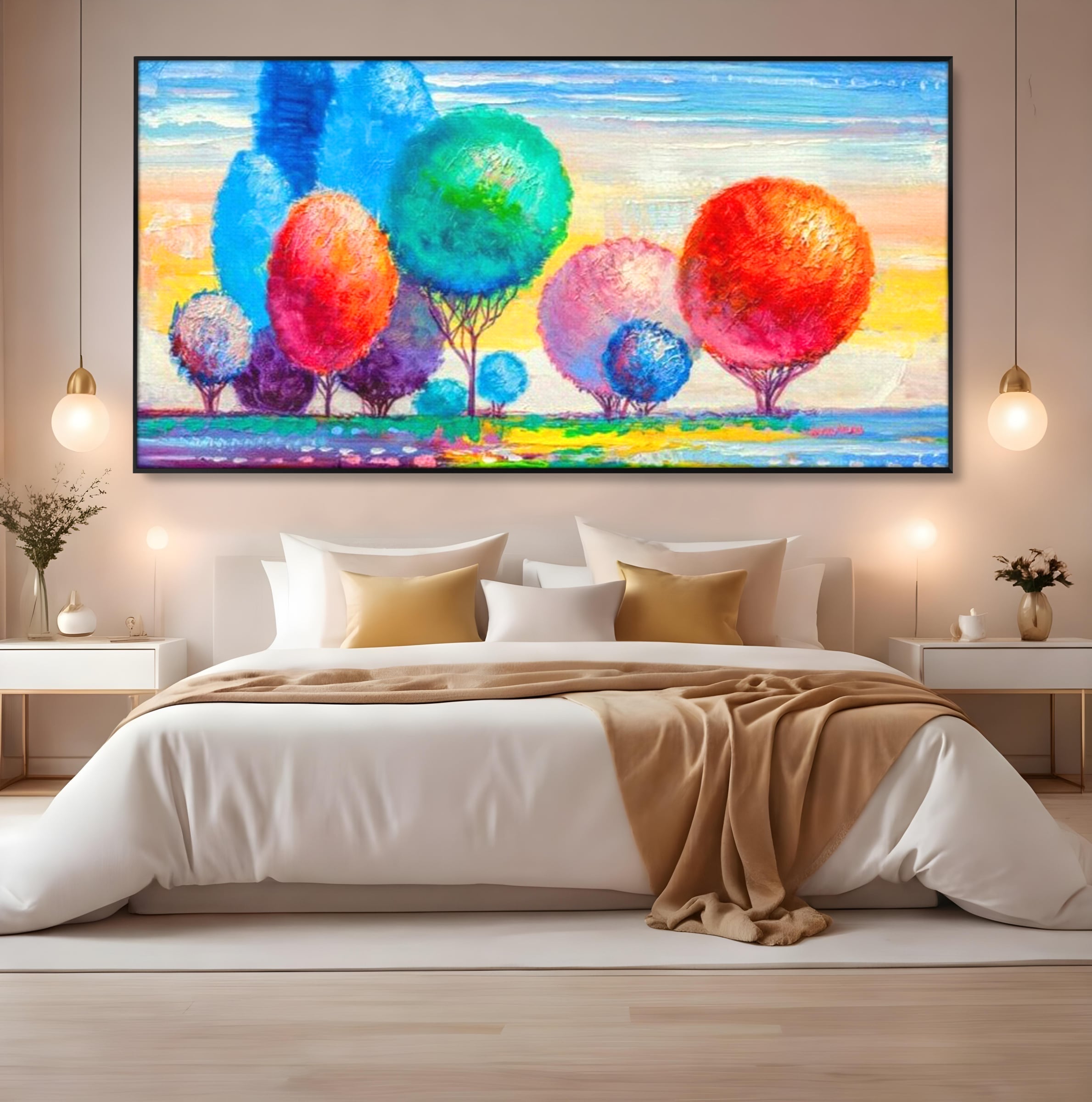 Tablou canvas cu tablou pictura cu copaci cu coroane rotunde sferice, in rama de aluminiu negru, pe perete intr-un dormitor