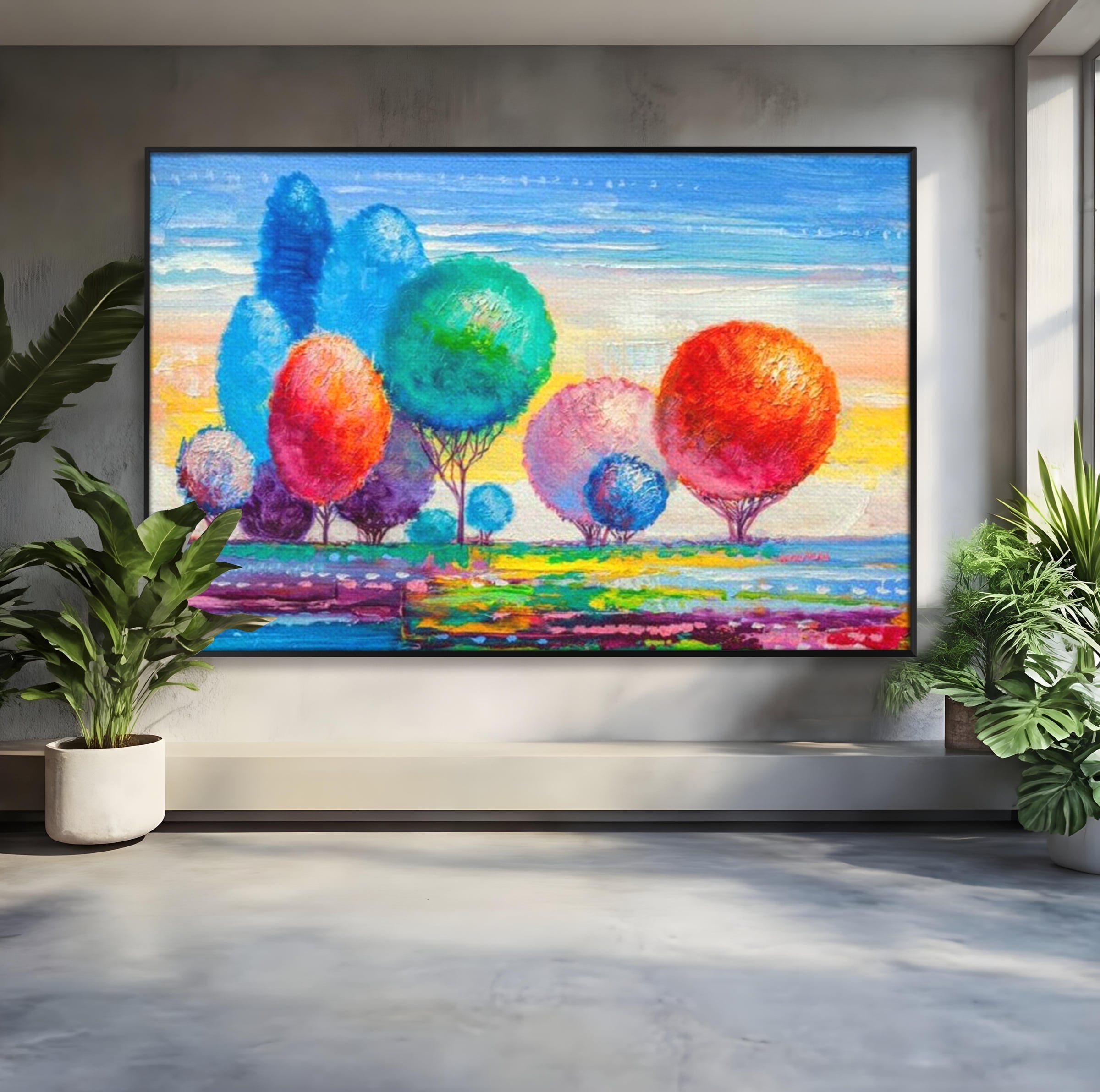 Tablou canvas cu tablou pictura cu copaci cu coroane rotunde sferice, in rama de aluminiu negru