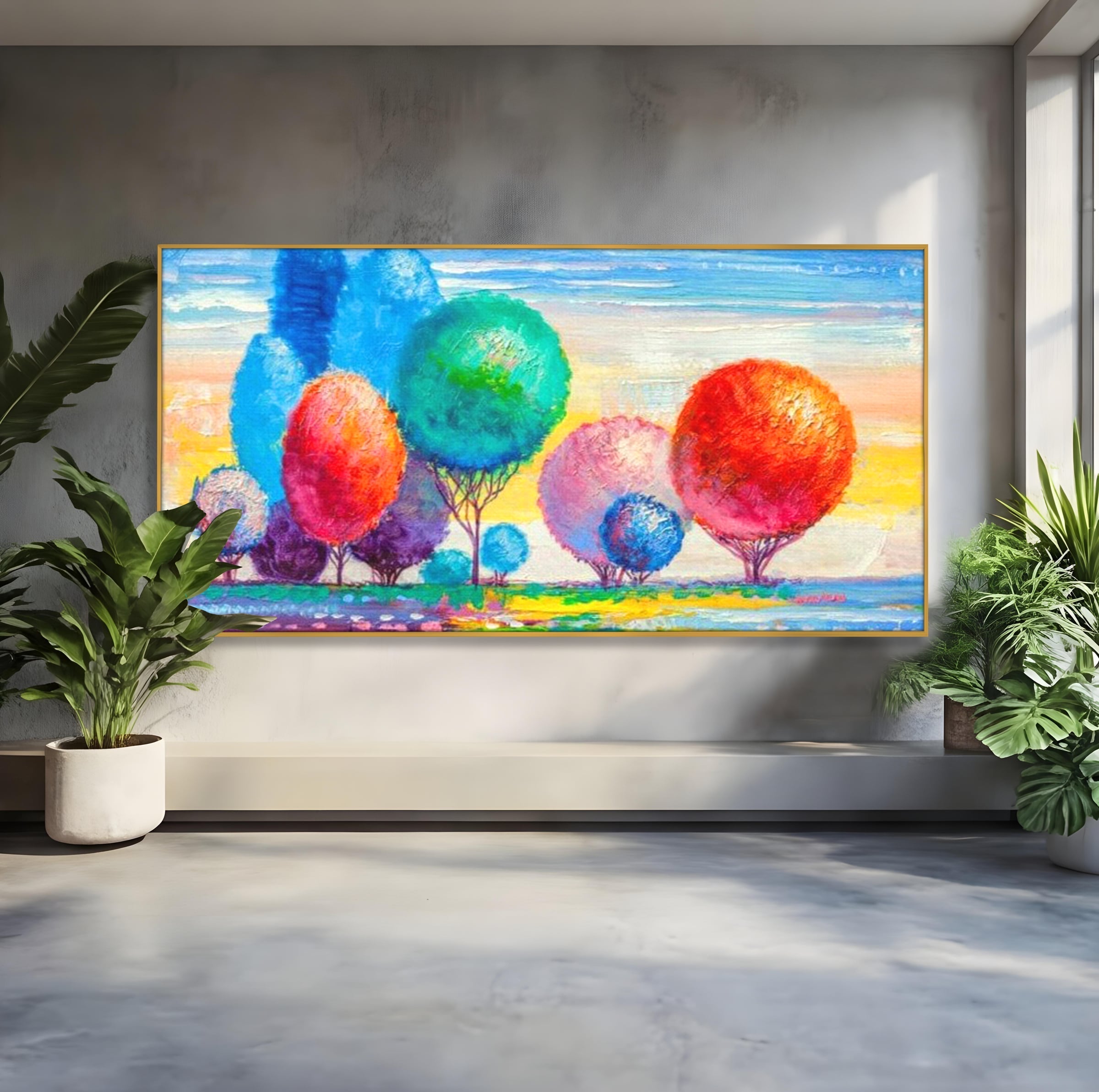 Tablou canvas cu tablou pictura cu copaci cu coroane rotunde sferice, in rama de aluminiu auriu