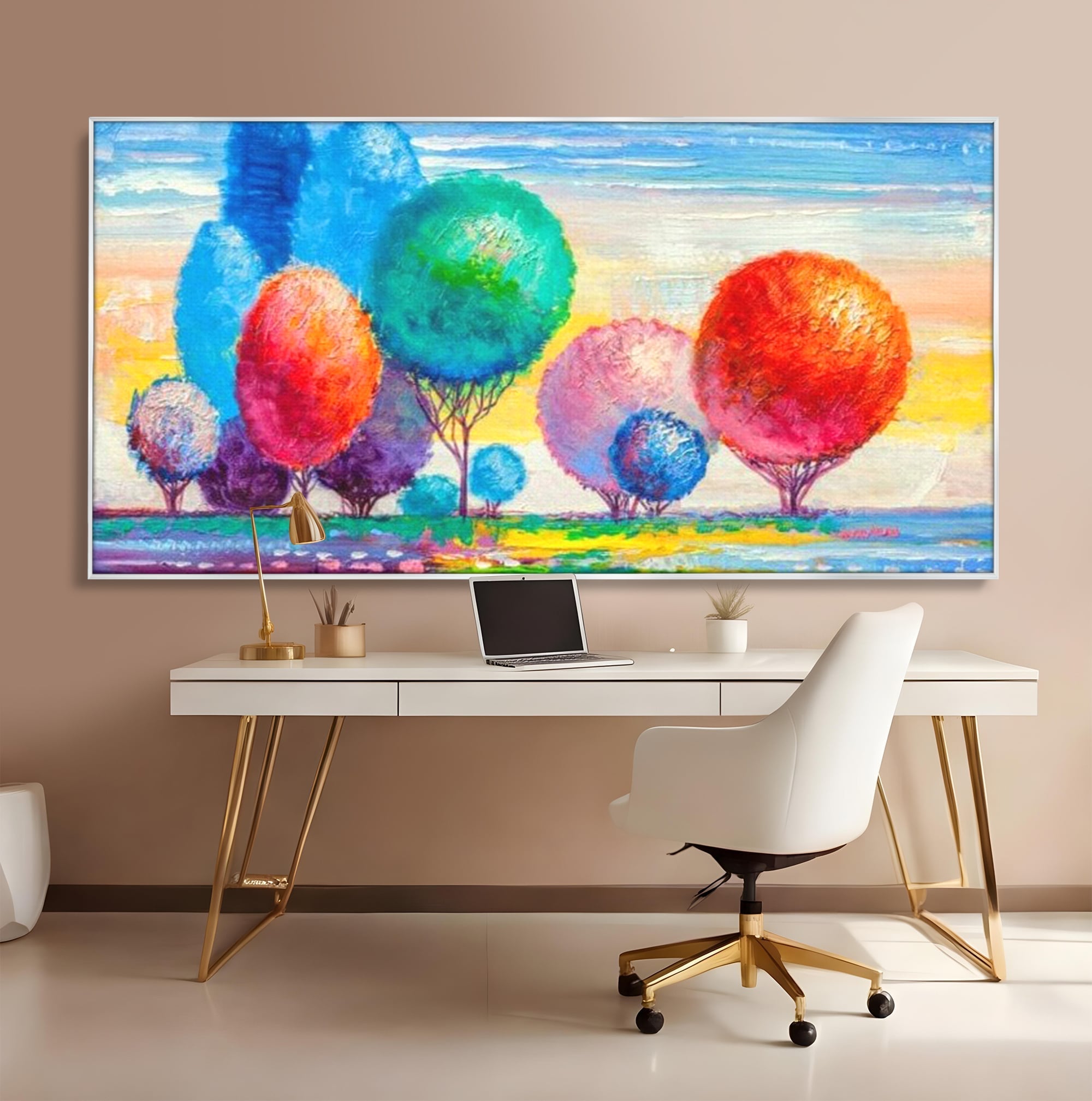 Tablou canvas cu tablou pictura cu copaci cu coroane rotunde sferice, in rama de aluminiu argintiu, pe perete intr-un birou