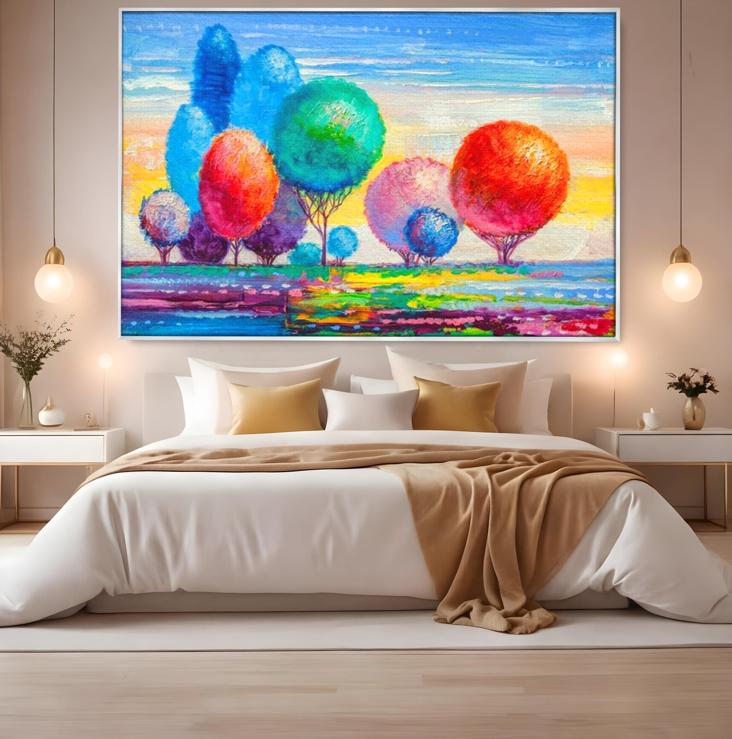 Tablou canvas cu tablou pictura cu copaci cu coroane rotunde sferice, in rama de aluminiu argintiu, pe perete intr-un dormitor