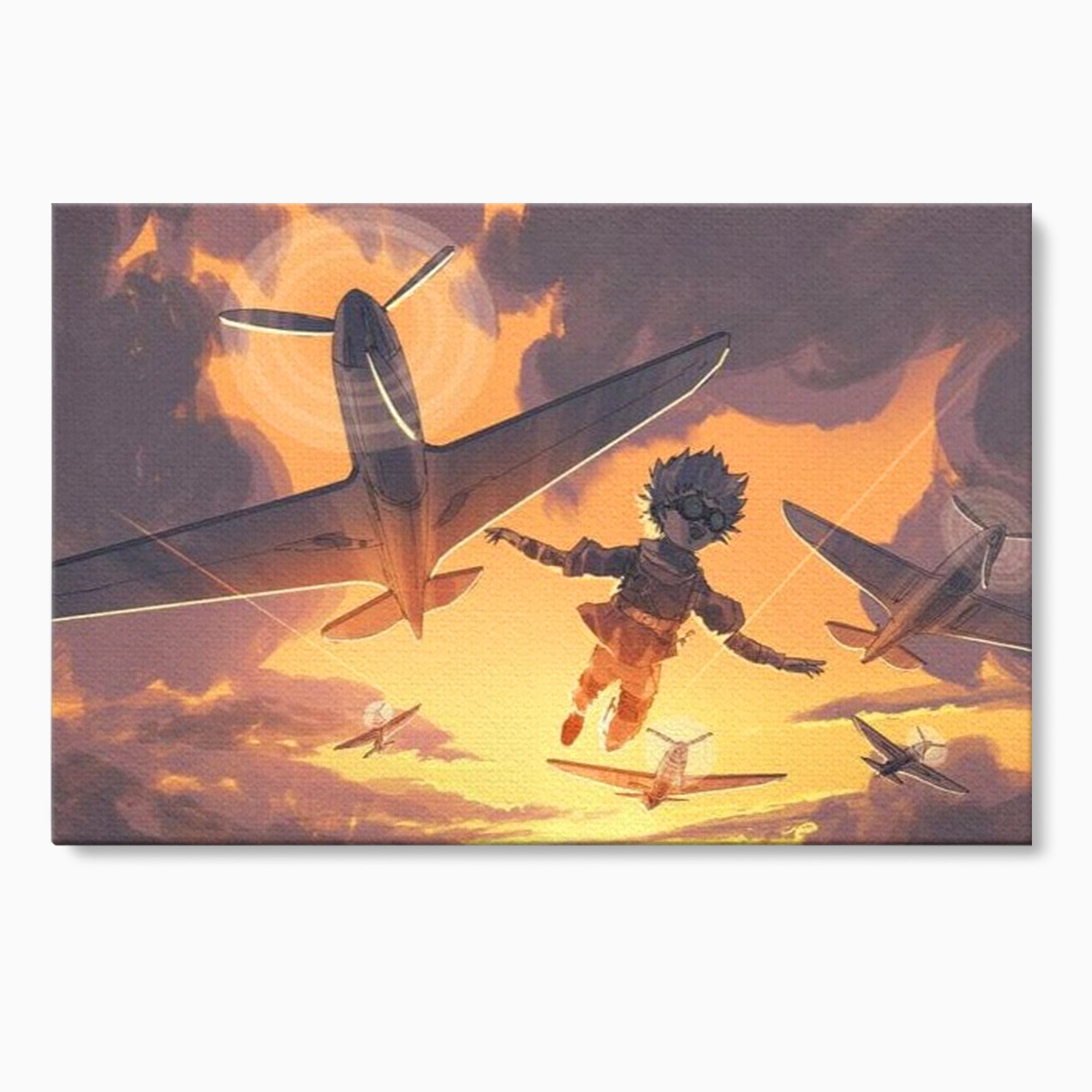Tablou canvas cu ilustratie digitala cu un baietel zburand alaturi de avioane, fara rama, pe sasiu de lemn