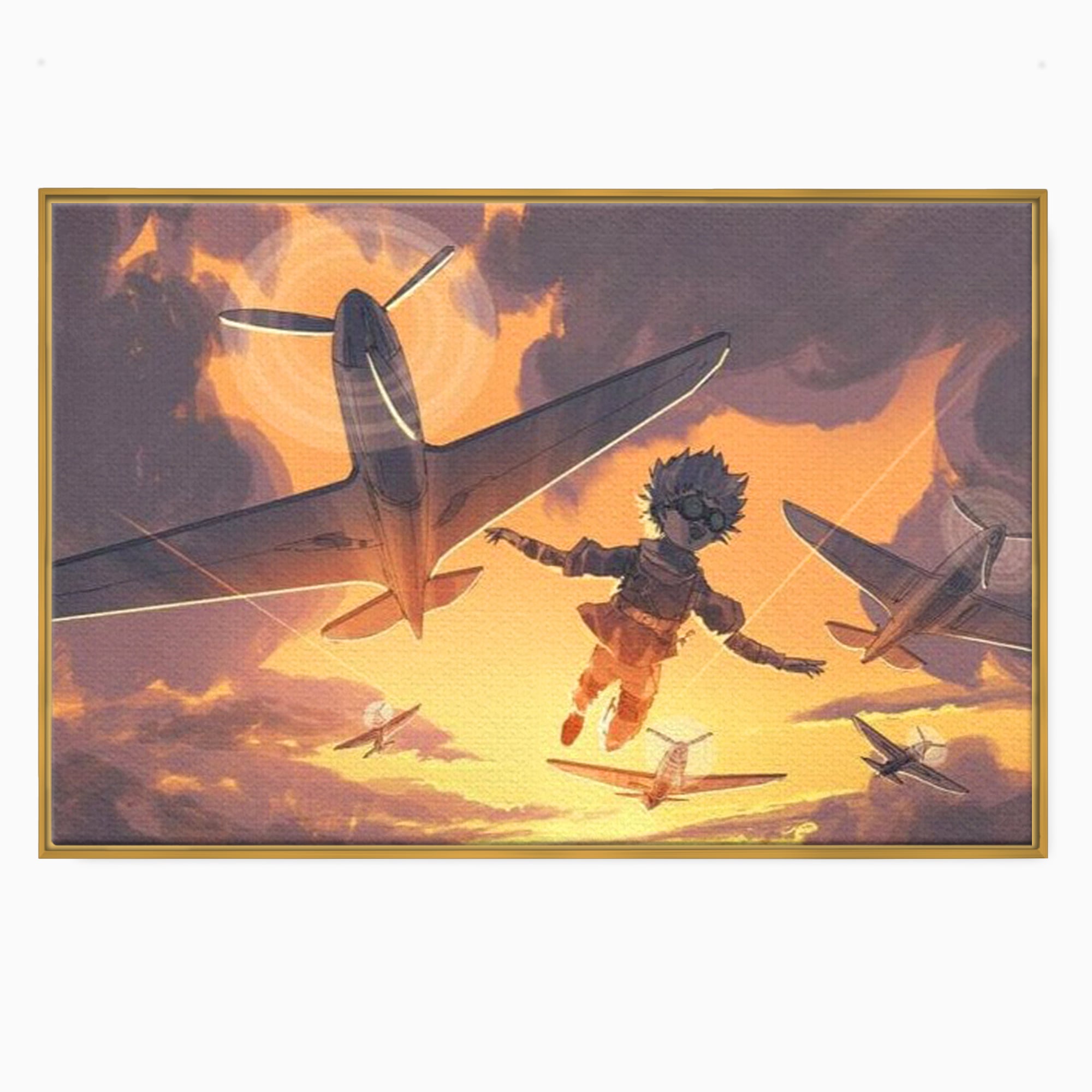 Tablou canvas cu ilustratie digitala cu un baietel zburand alaturi de avioane, in rama de aluminiu auriu