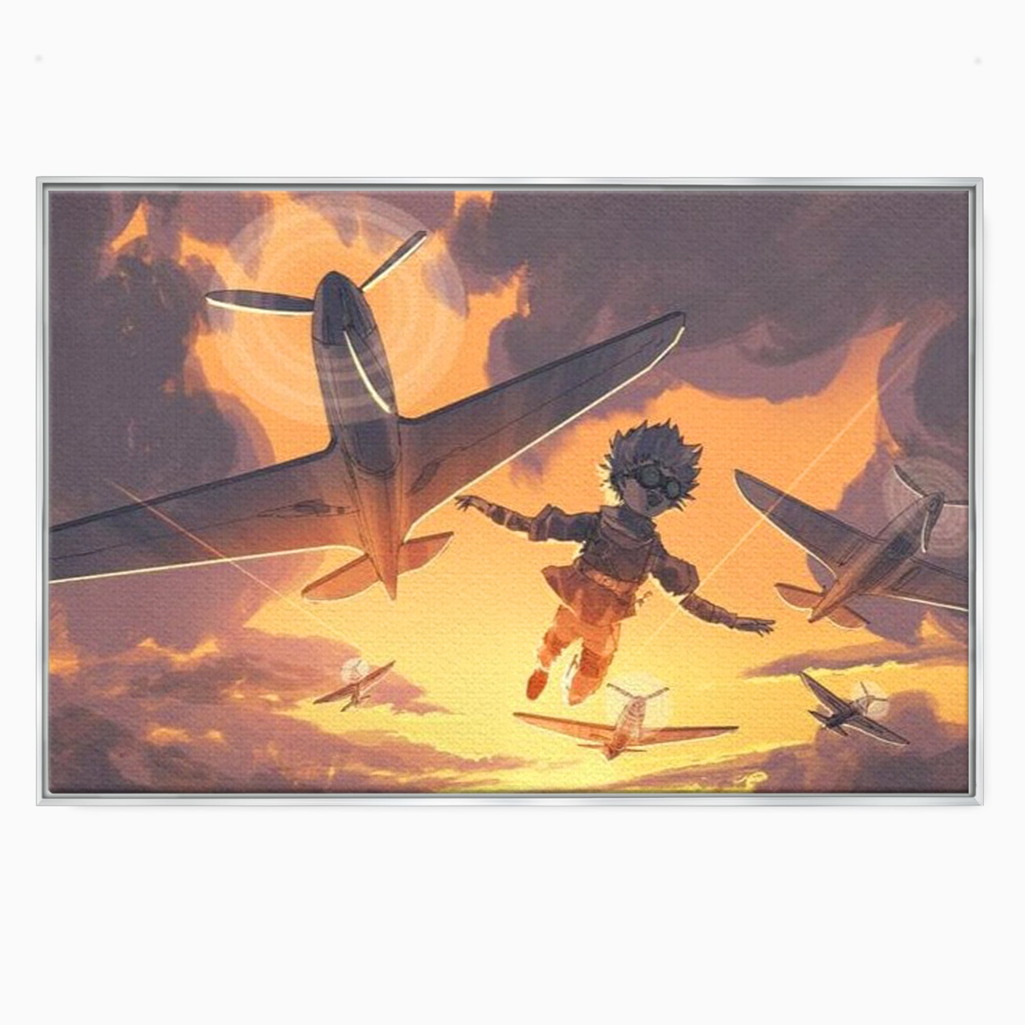 Tablou canvas cu ilustratie digitala cu un baietel zburand alaturi de avioane, in rama de aluminiu argintiu